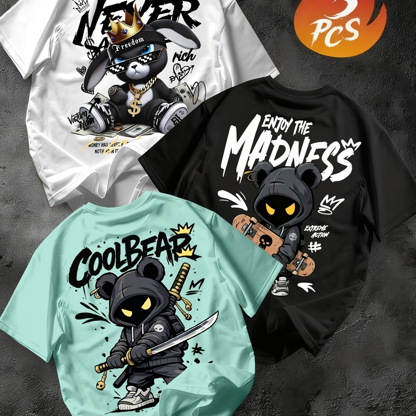 TEMU Ensemble de 3 T-shirts à col ras du cou et imprimé pour homme, Ensemble décontracté d'été à manches courtes pour homme