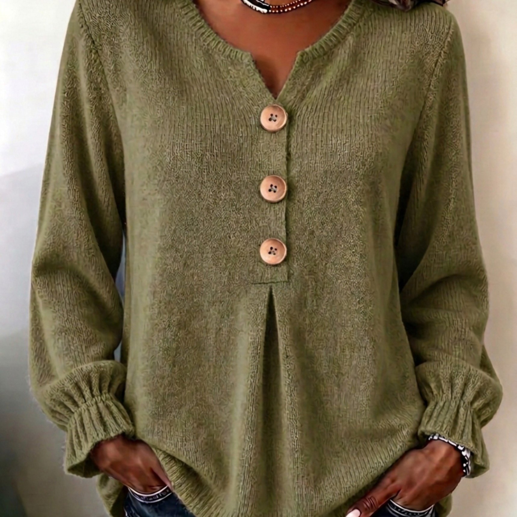 TEMU Plus Size - Women's Elegant Casual Cute Sexy Middle Eastern Style Spring Autumn Solid Color Round Neck V-neck Button-decorated Bell Sleeve Long