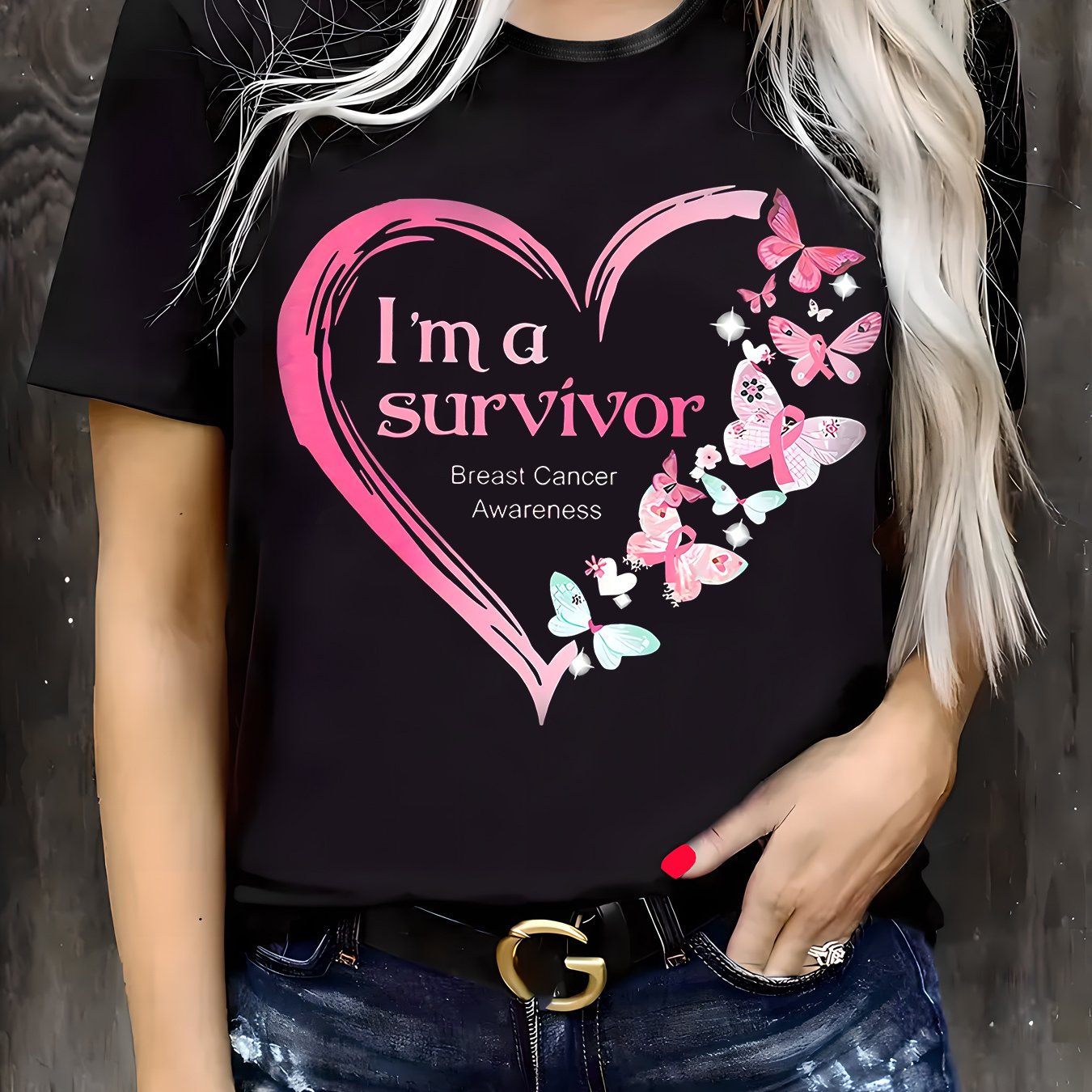 TEMU Women's Breast Cancer Awareness T-shirt - "" Design With Butterflies, Casual Round Neck, Short Sleeve, Comfortable Knit Top For , Breast Cancer