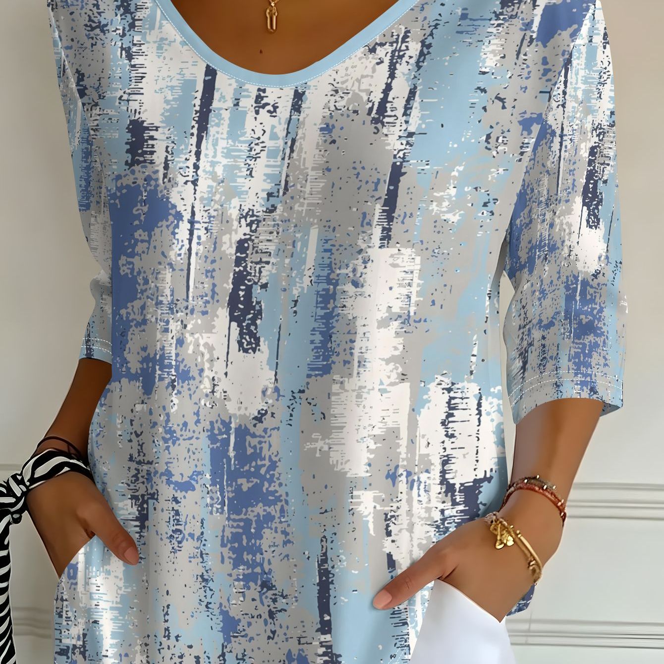 TEMU Women's Summer Autumn -shirt Blue -neck Three-quarter Sleeve Top Casual All-match Style