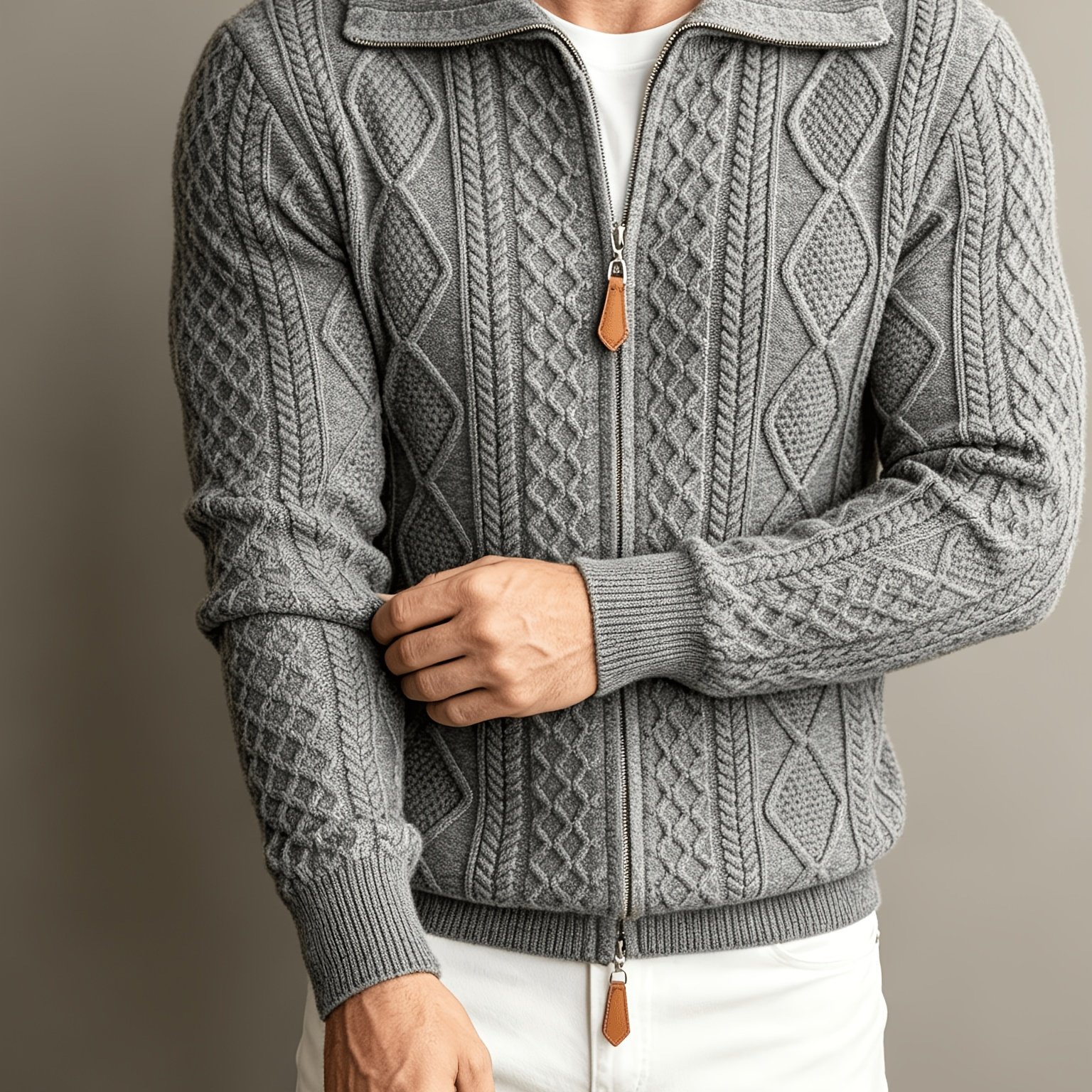 TEMU Men's Lapel Full-zip Cable Knit Cardigan, Vintage Diamond Cable Thickened Outerwear, Commuting & Casual Loose Fit Long-sleeve Knit Sweater, In ,
