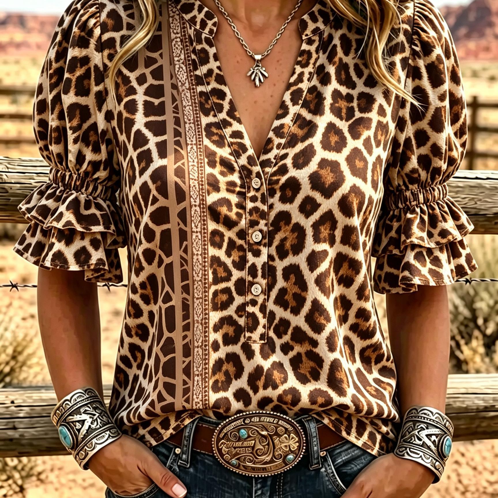 Women's Top Women's Summer Apparel Leopard Print New Women's Western Printed V-neck Shirt Western Style Outfit Ideal For Casual Vacations Travel Trips Elegant Ladies Washable 2d Flat Print