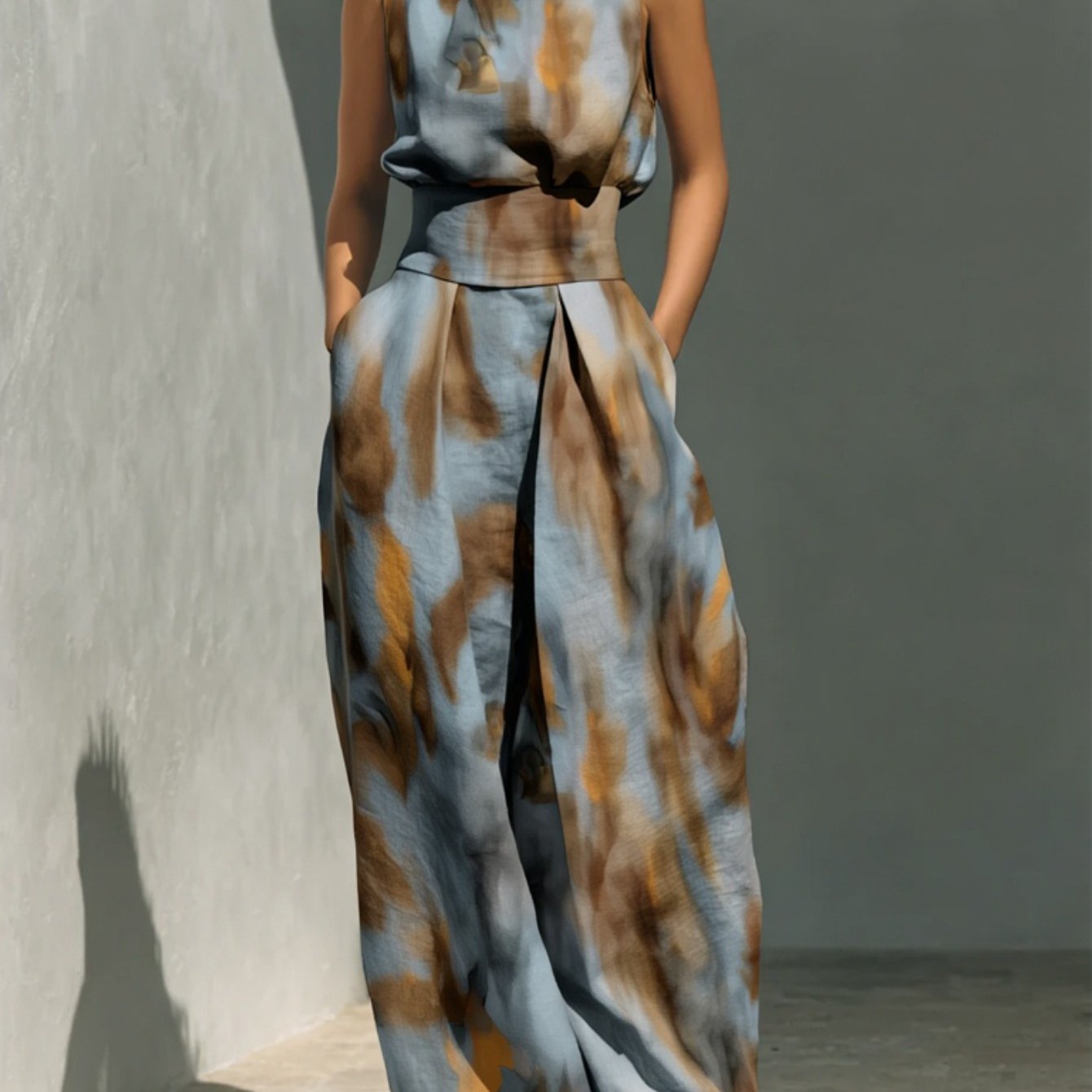 Image of Tie-dye Print High Neck Sleeveless Top + Matching Wide-leg Pants Women's Set | Artistic Edgy Charm, Perfect For Daily Street Style & Casual Gatherings