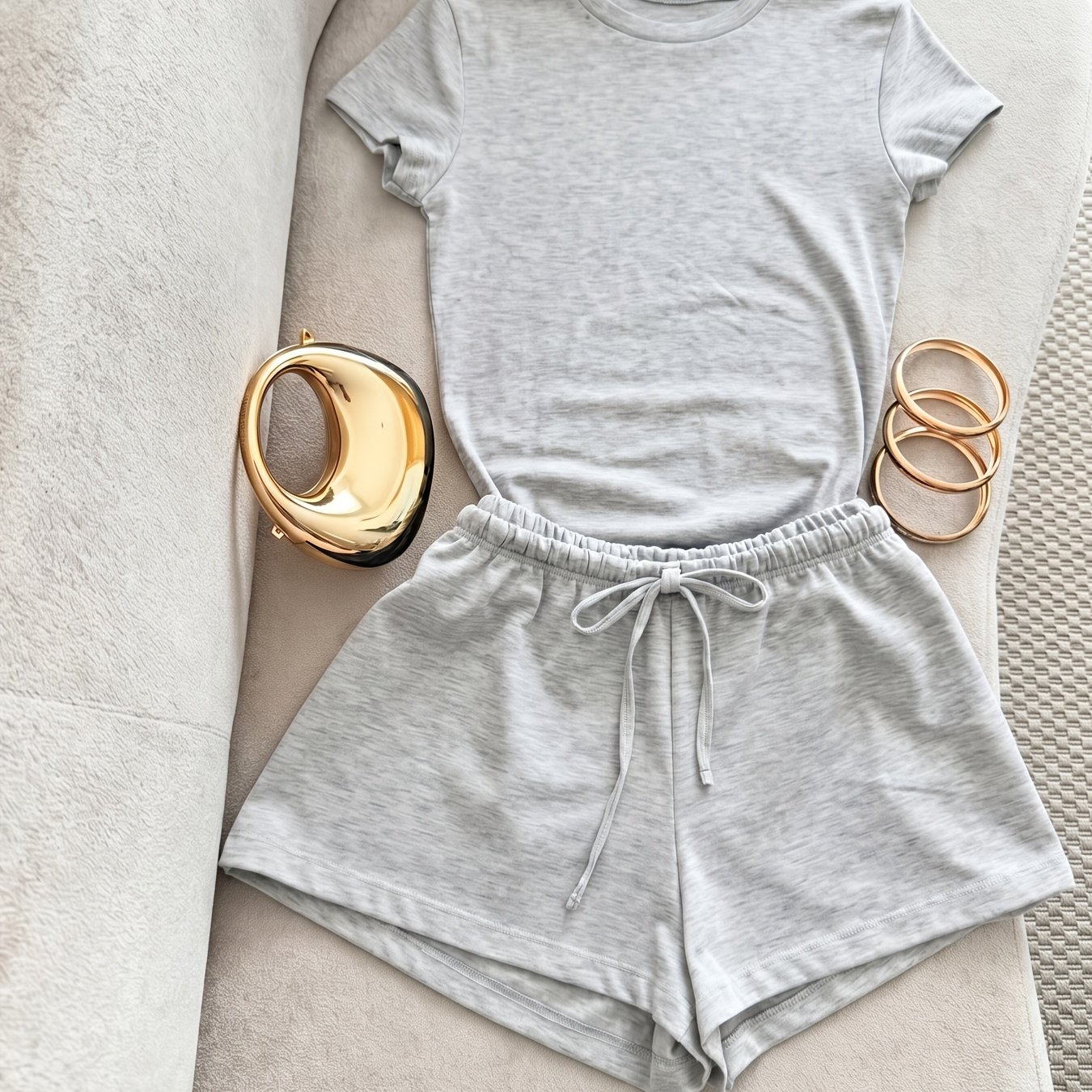 TEMU Summer Gray Fitted Short-sleeved T-shirt And Loose Casual Shorts 2pcs Set