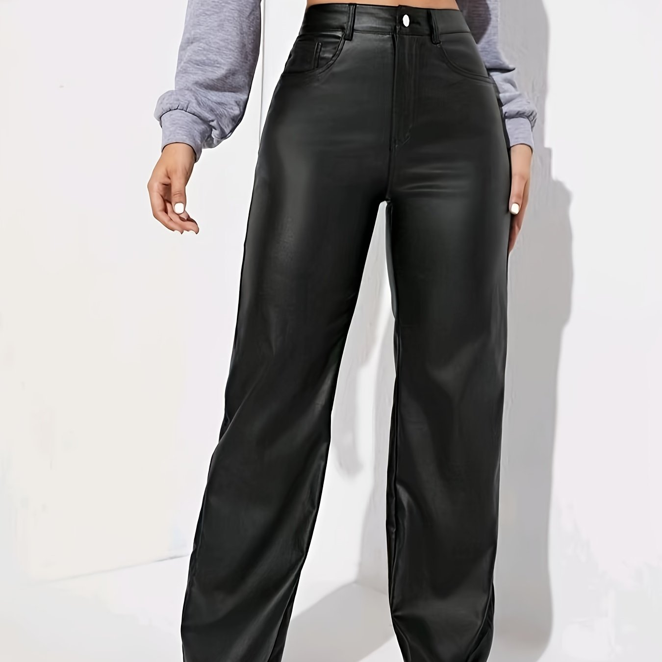 Women's High-waisted Coated Straight-leg Wide-leg Pants With Pockets