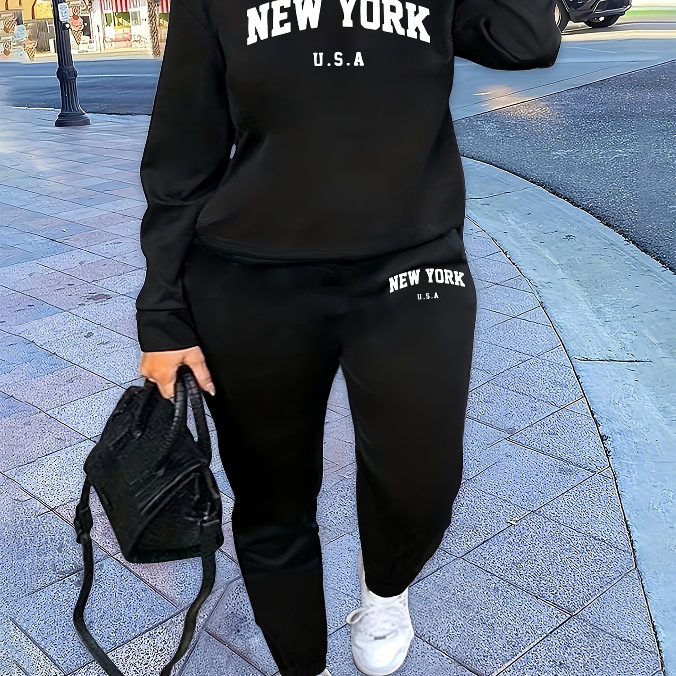 TEMU Women'-piece Set Featuring A Round Neck Sweatshirt And Pants, Designed With Prints, Suitable For Autumn And Winter With Fleece