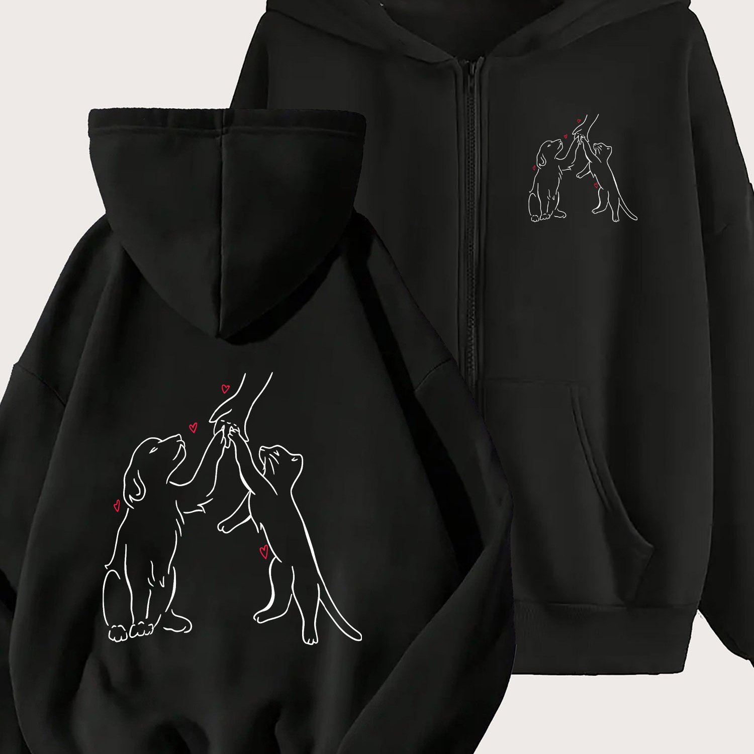 TEMU Veste à capuche zippée pour femmes - Motif géométrique tendance chat et chien, manches longues, pull-over zippé pour streetwear, gym et tenue