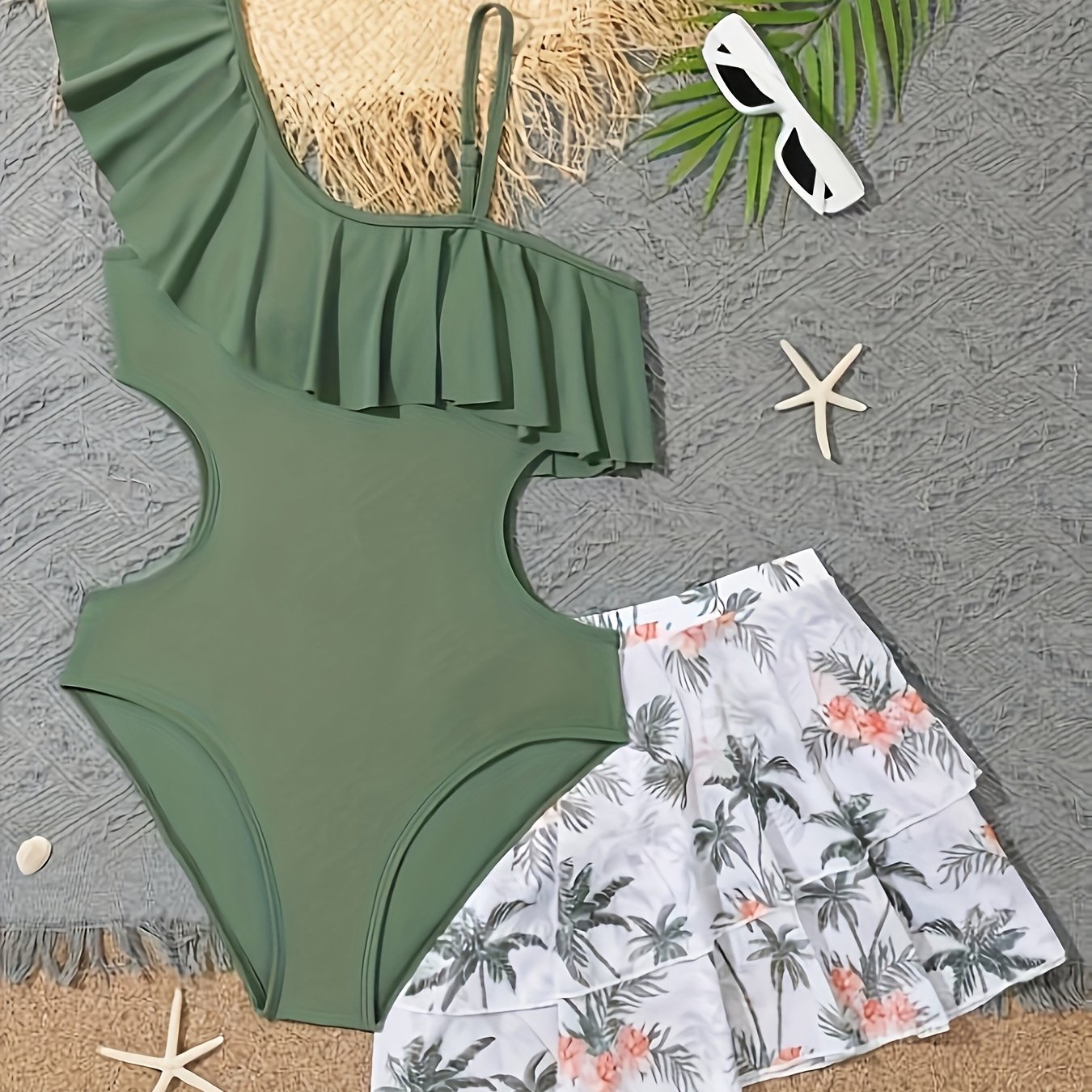 Teen For Lotus Leaf Print Off-shoulder Thin Strap Side-cutout Skirt Tropical Print 2pcs Swimsuit With Skirt, For Teenager