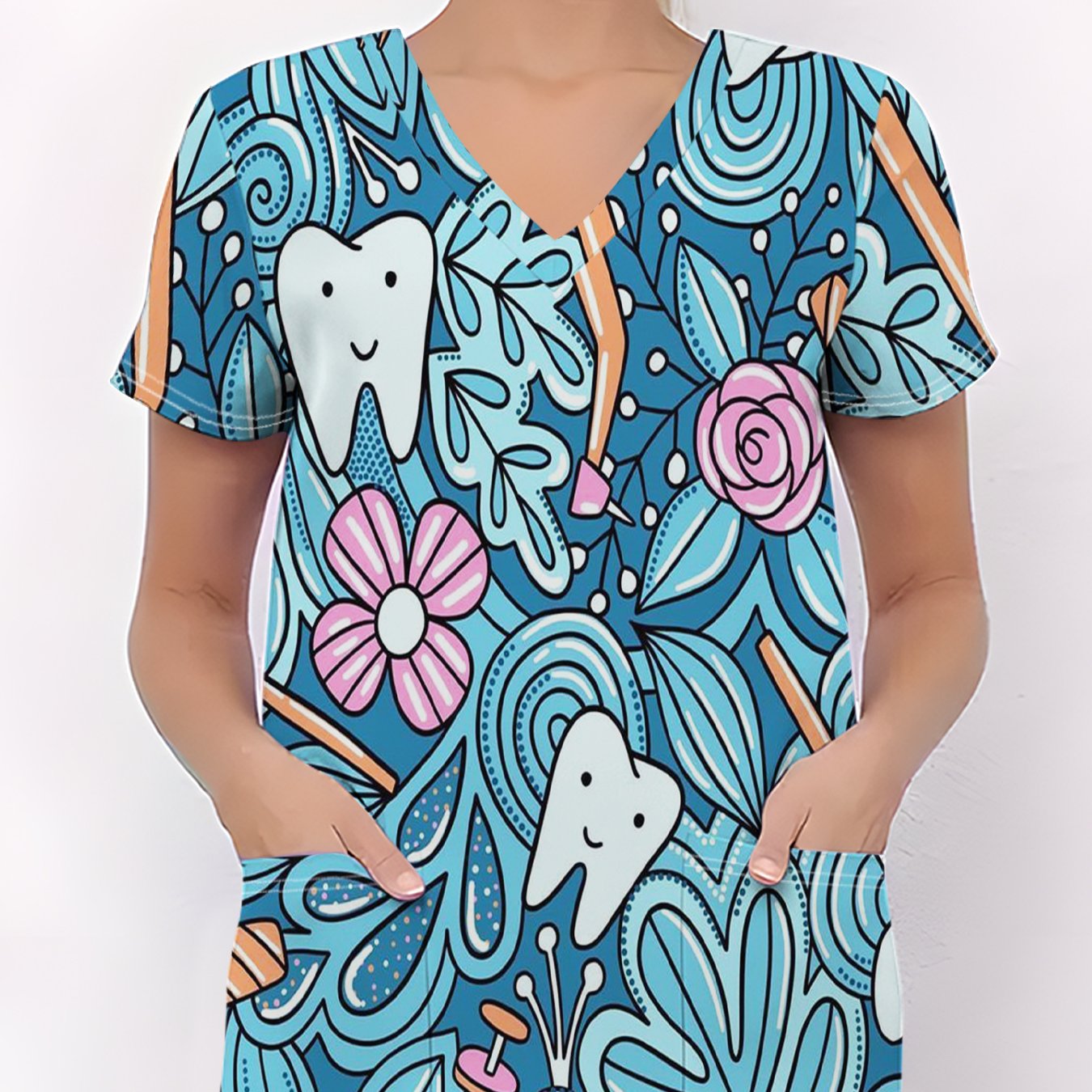 TEMU Women's Dental Nurse Uniform - Soft Stretchy Dental-themed T-shirt With Teeth, Dental Tools & Dental Charts Print, V-neck Short Sleeve With