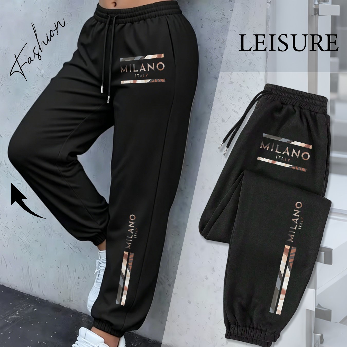 TEMU Italian Striped Square Print Ankle-cinching Joggers Women's High-waist Drawstring Loose Western Style Casual Trousers