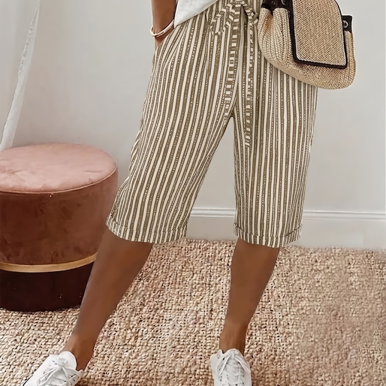 TEMU Women's Spring/summer Fashion Versatile Random Striped Shorts With Pockets