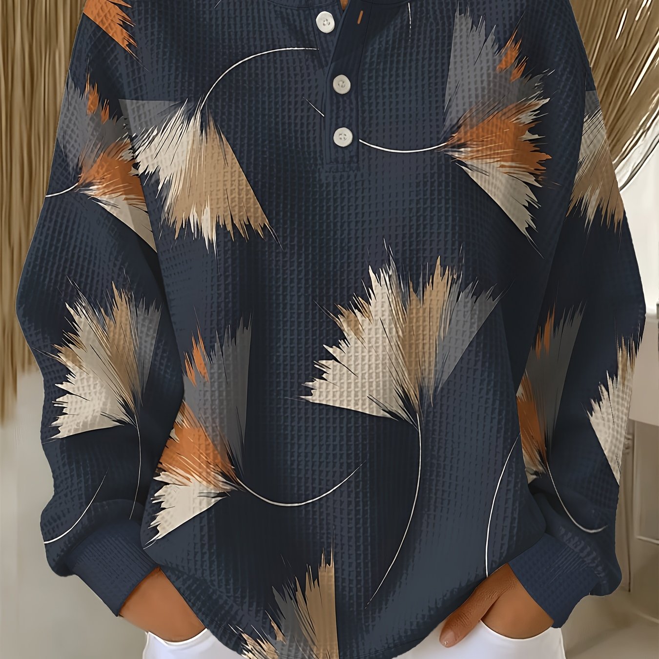 TEMU Plus Size Waffle-patterned Sweatshirt, Retro Base With -gray Feathered Lines, Individualizing Age-reducing Three-button Round Neck Long Sleeve