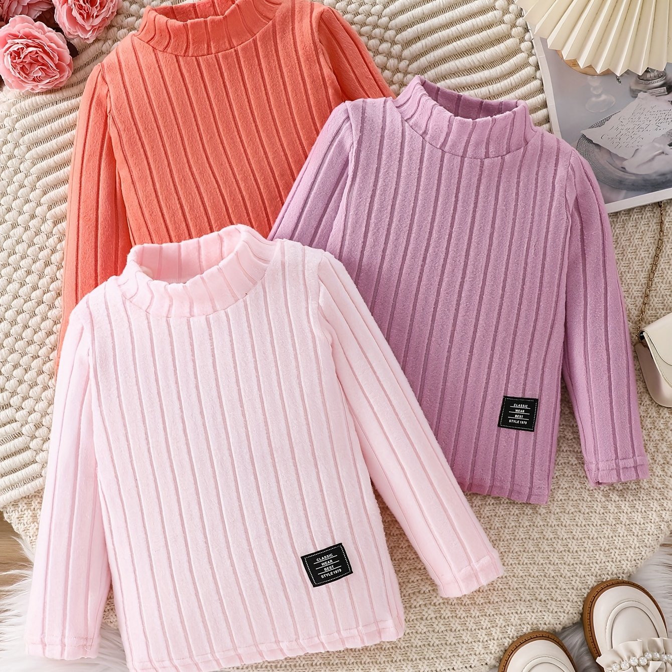 3pcs Set Of Autumn And Winter ' Easy And Versatile Long-sleeved Suit, Girls' Fashionable High-neck Ribbed Solid Color Top, Baby Girls' Soft And Comfortable Warm Sweater Style, Slim Autumn Clothes