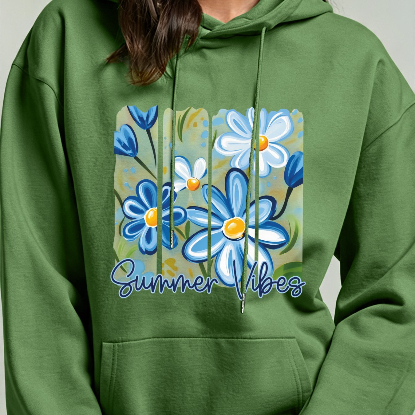 Image of Autumn/winter Women's Loose Fit Hoodie With Y2k Blue Daisy Print And Text, Black Hooded Pullover With Kangaroo Pocket, Casual Top