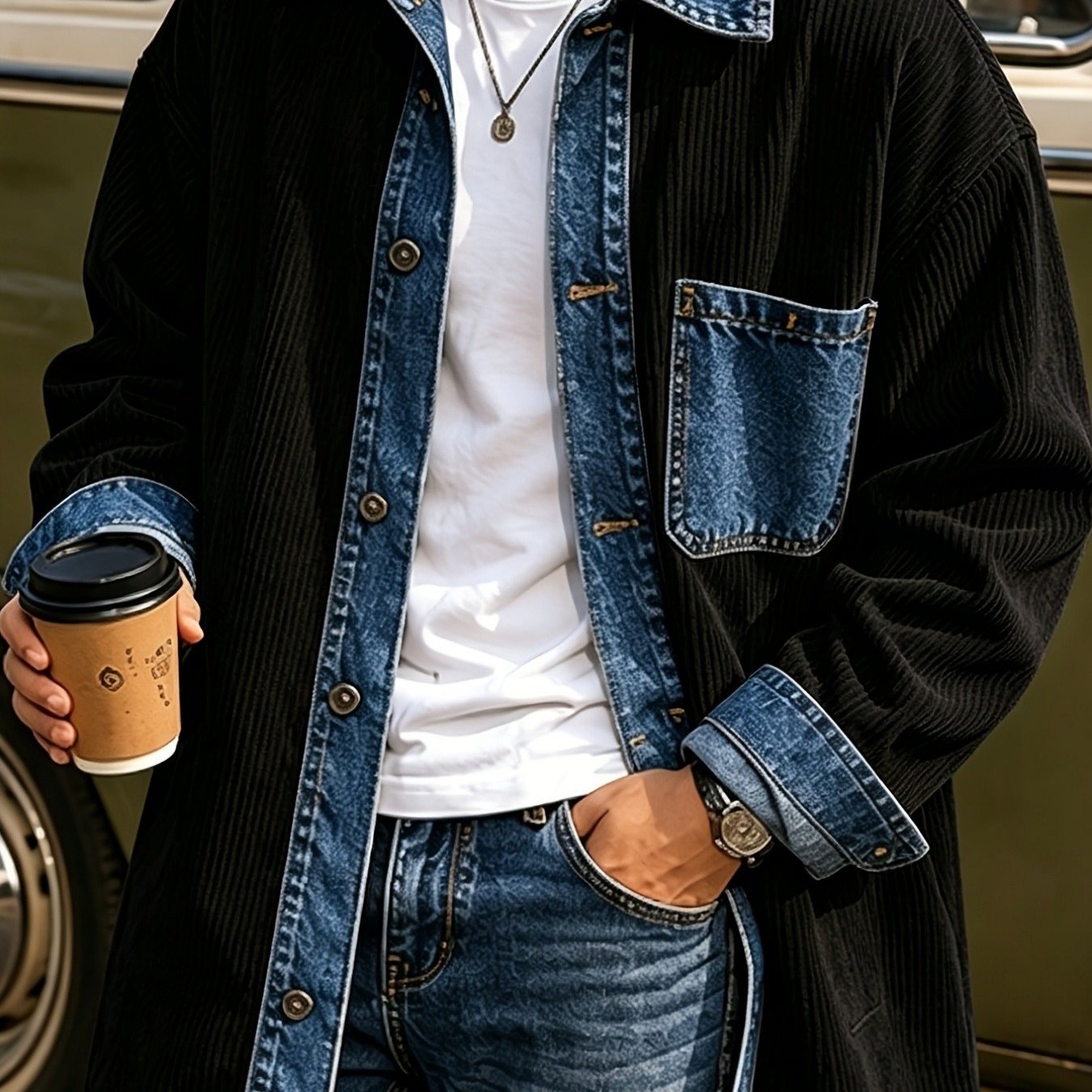 Image of Men's Denim Mid-length Jacket Or, Flared Lapel Loose Fit, Denim Chest , Single Row Button-up, Fashionable And Versatile