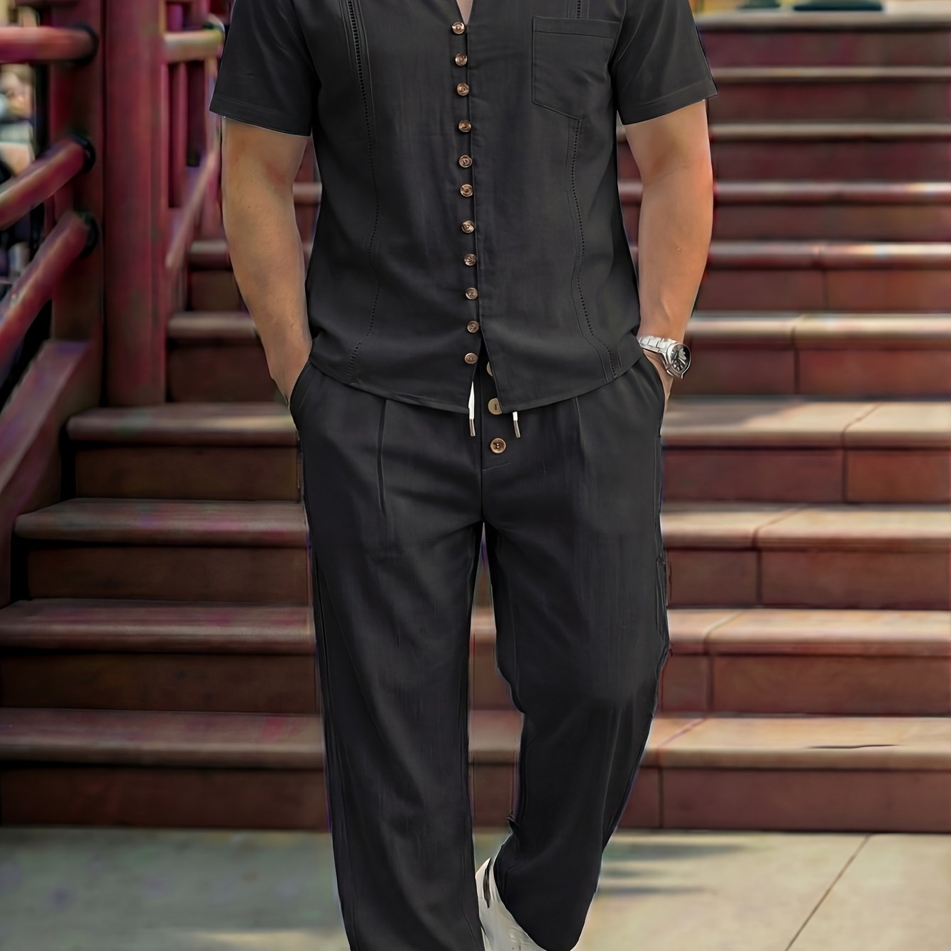 TEMU Summer Outdoor Casual Sports Suit Collar Button Lace Pocket Short Sleeve Shirt And Button Long Pants 2pcs Set
