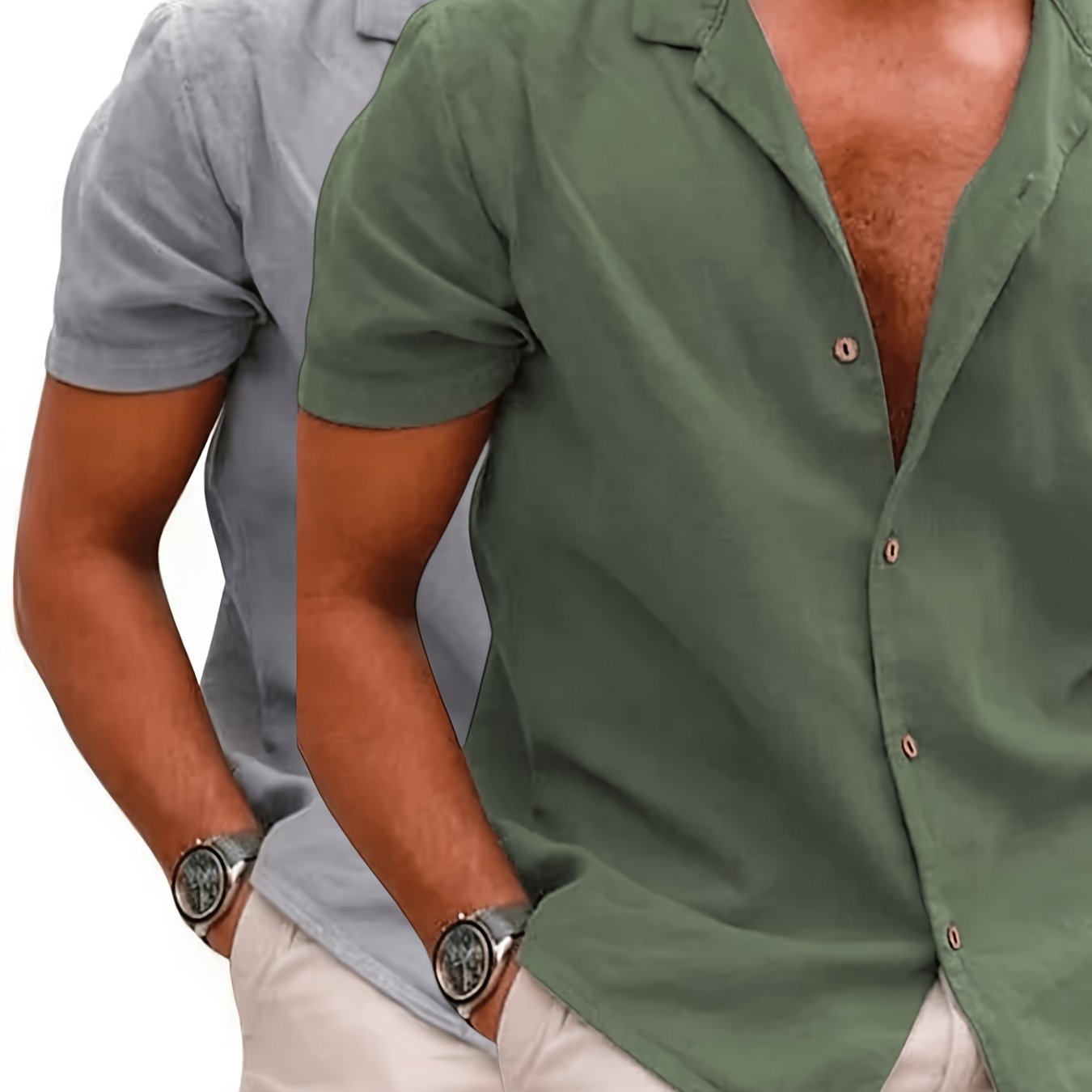 Image of 2pcs Men's 2026 New Summer Shirts, Camping-style Collar Shirts, Men's Linen Shirts, Men's Linen Shirts Short Sleeve Button- Shirts Casual Vacation Beach Summer Tops