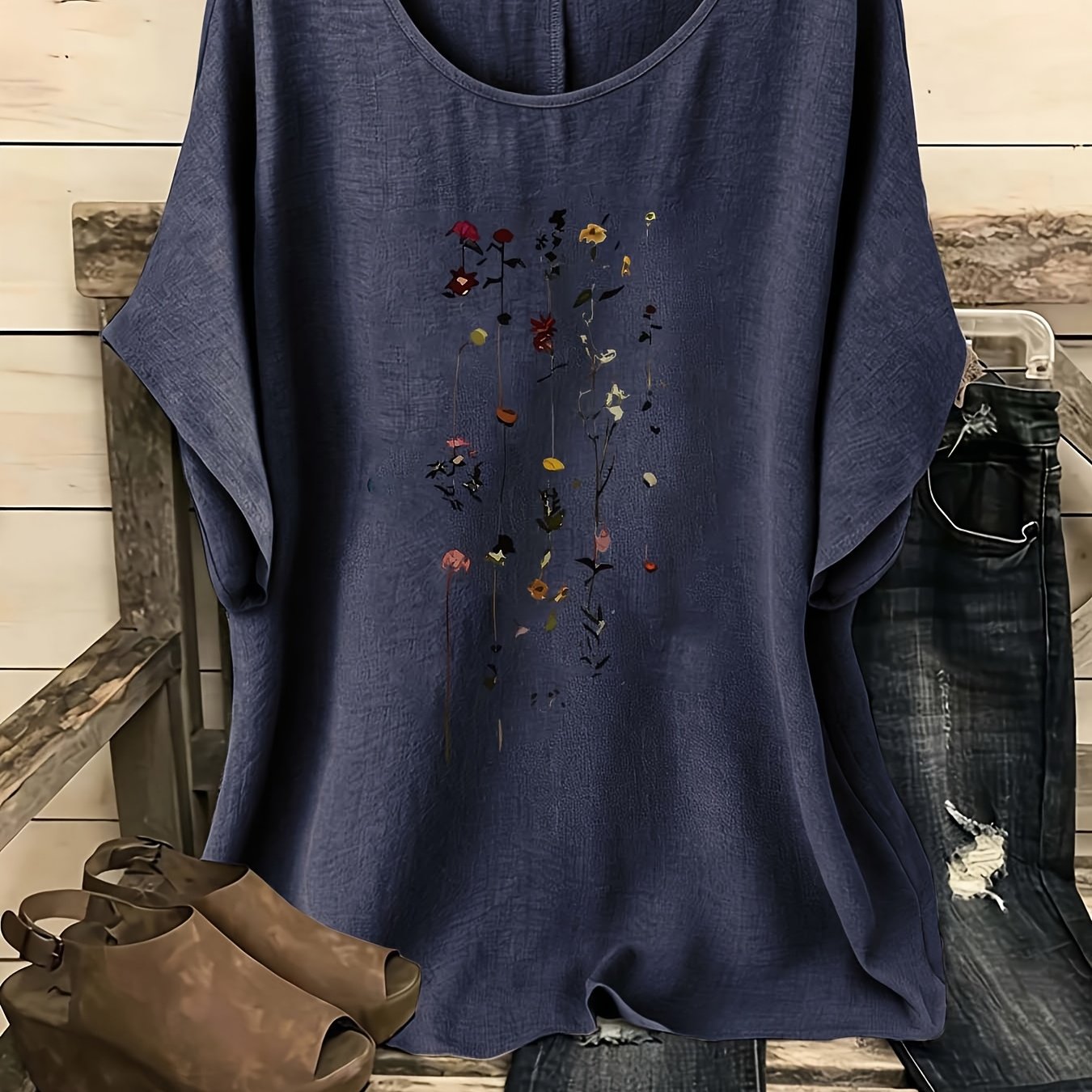 TEMU European American Easy Bohemian Style Vintage Floral Casual Round Neck Short Sleeve Shirt, 1pc Women's Shirt, Vintage Women's Wear, Women's