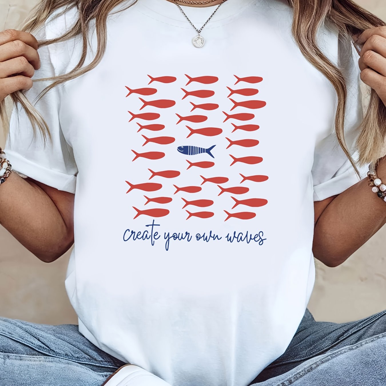 Create Your Own Waves Graphic Print Women's T-shirt, Short Sleeve Crew Neck Casual Top For Summer And Spring, Women's Clothing