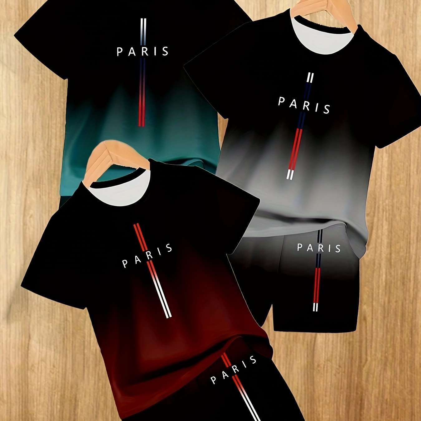 E-shop 6-teiliges Jungen-Set im Pariser Stil mit 3D-Druck T-Shirt & Shorts - mit Paris Schriftzug, roten Akzenten, Regular Fit, lässiges Sommer-Outfit