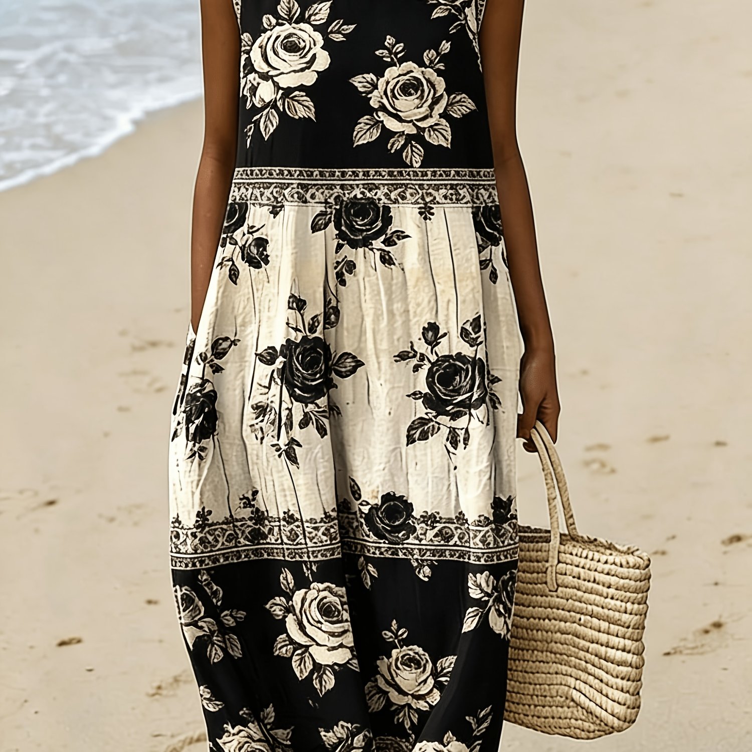 Image of Plus Size - Plus Size Women Sleeveless Tank Dress Loose Fit Casual Crew Neck With Side Pockets, Elegant Block Midi Dress, Retro , Perfect For Beach Daily Outing, Effortlessly Chic And Comfortab