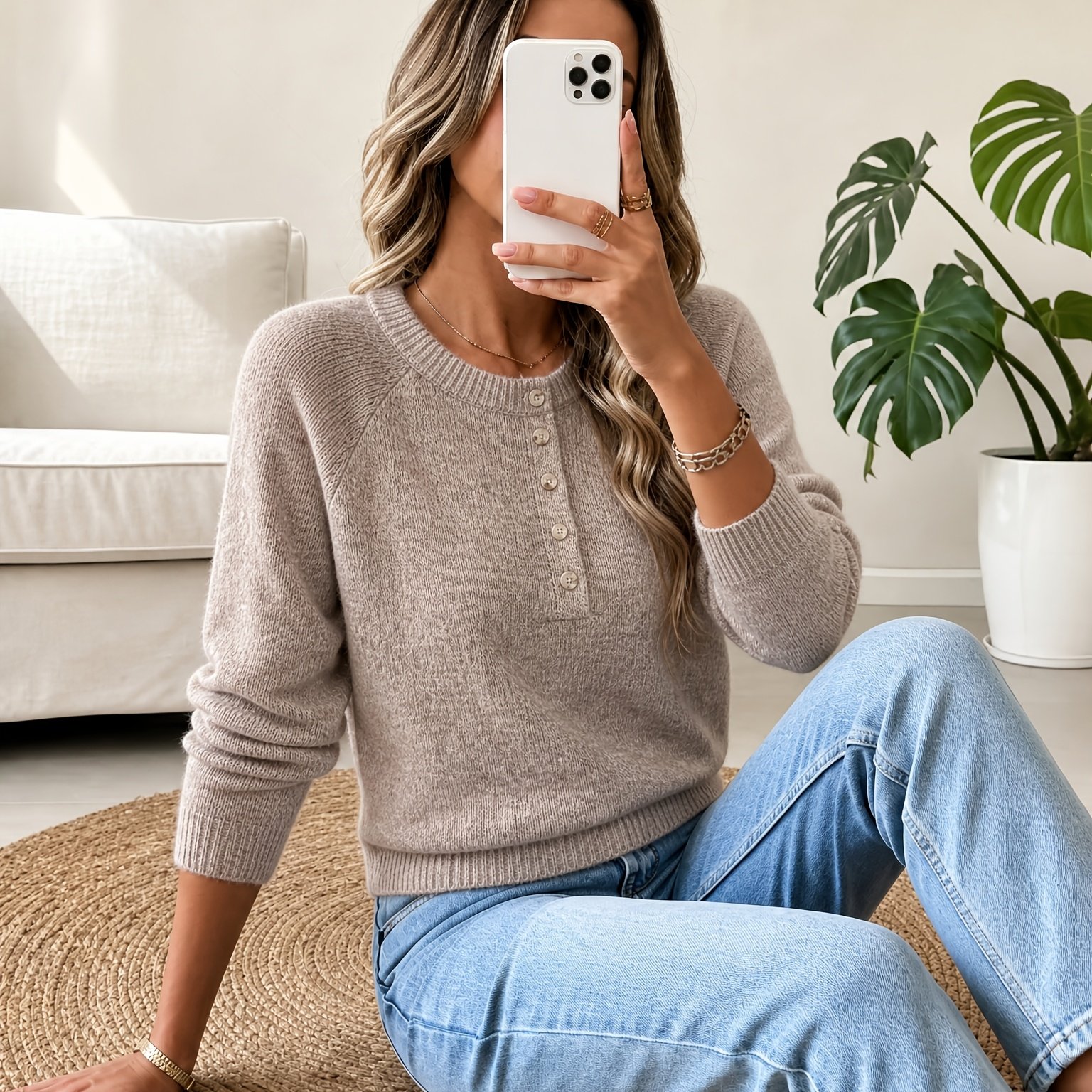 TEMU Women's Minimalist Henley Top, Half Cropped Long Sleeve Sweater, Solid Color Basic Versatile Blouse