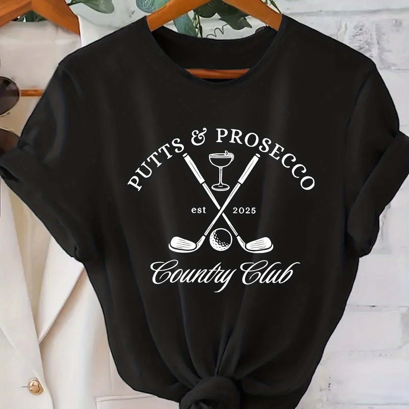 TEMU A Stylish And Beautiful Women's Top Featuring A Breathable And With A Cross Golf Club And Wine Glass Pattern, Sports Parties And Wear, With A