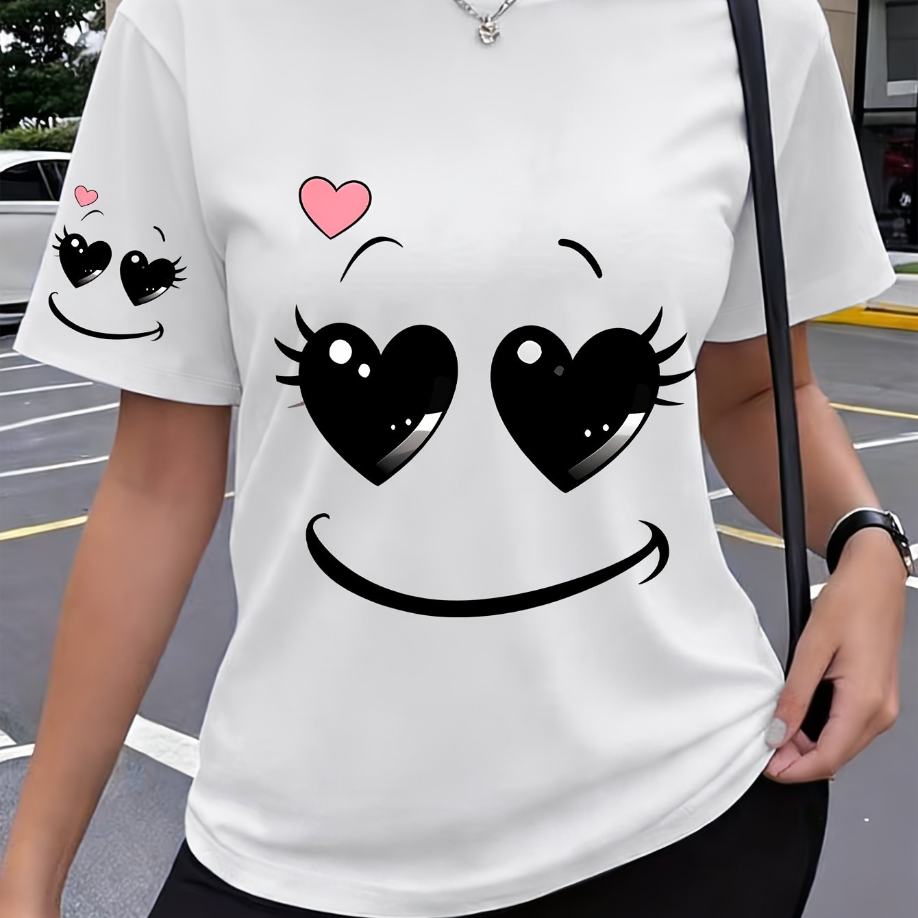 TEMU 1pc Cartoon Black Eye Print New Y2k Sleeve Printed Women's Sportswear Summer Elegant Comfortable Breathable Round Neck Short Sleeve Casual