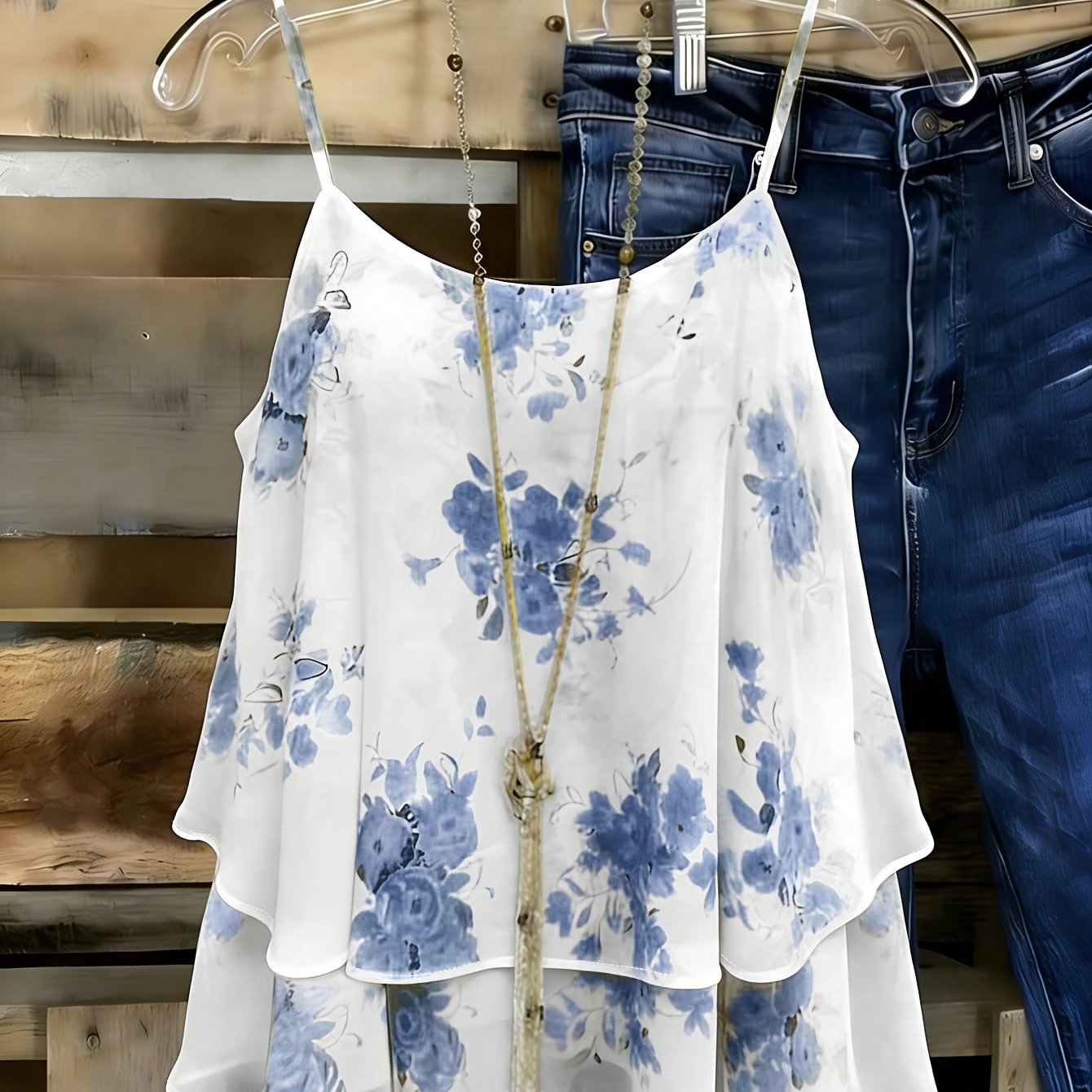 TEMU Plus Size Summer Women's Chiffon Camisole, Floral Print Thin Straps Flowing Layered Top
