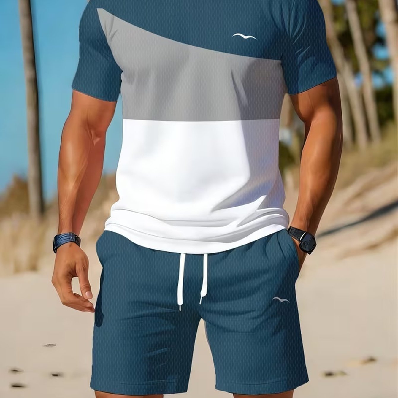 TEMU Men's Sporty Casual Set: Navy Blue, Gray, And White Diagonal Short-sleeve T-shirt With Solid Color Contrast Drawstring Beach Shorts, 2pcs Set