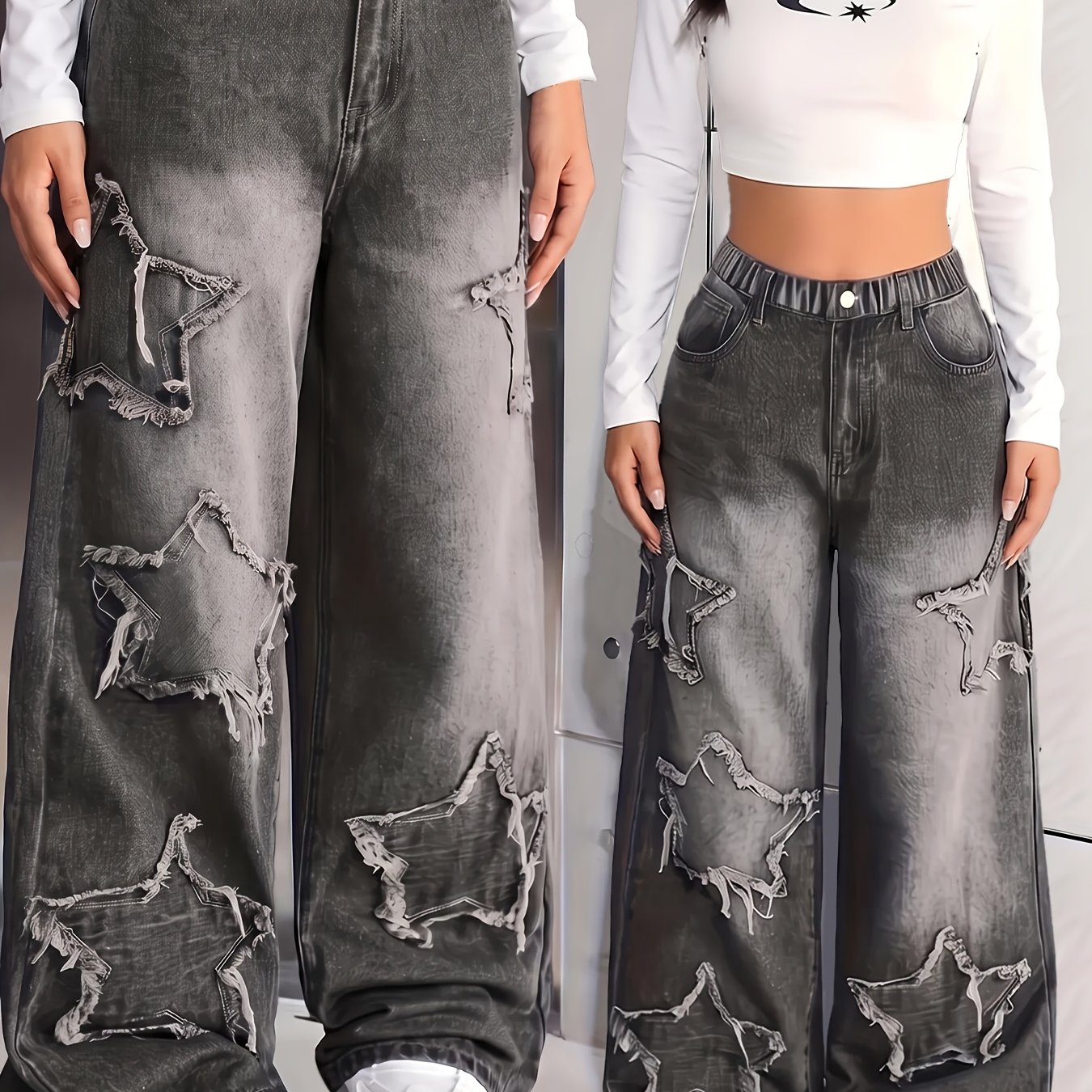 Image of Young Girl Y2k Style Design Straight-leg Denim Pants, Elastic Adjustable Waistband, Loose And , Long Trousers For Back-to-, Autumn And Winter, Must-have For Halloween And Christmas