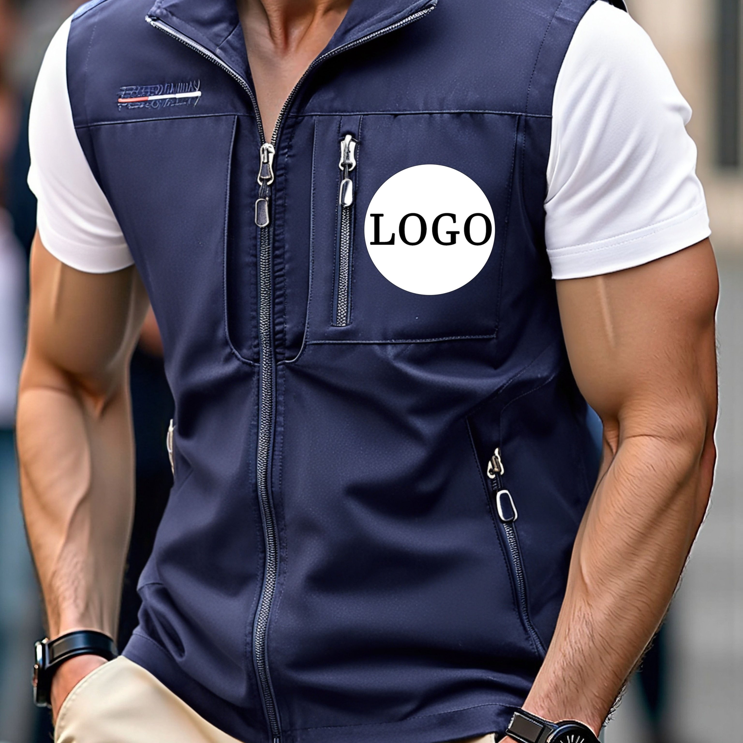 TEMU Men's Custom Logo/embroidery/vibrant Logo Transfer Print Vest - Personalized Name/logo, Sleeveless Jacket With Stand Collar, Multi- Outdoor