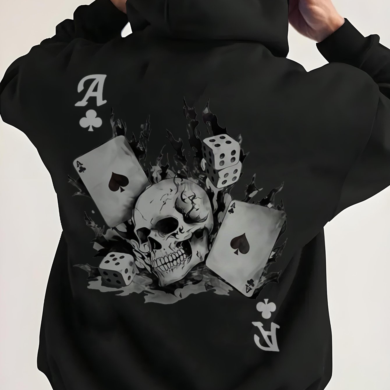 Men's Gothic Skull & Playing Cards Print Hooded Sweater - Soft Loose Fit Long Sleeve Pullover, & Design, Casual , Ideal Gift For Men (plus Size ) - Versatile For Everyday & Themed Events