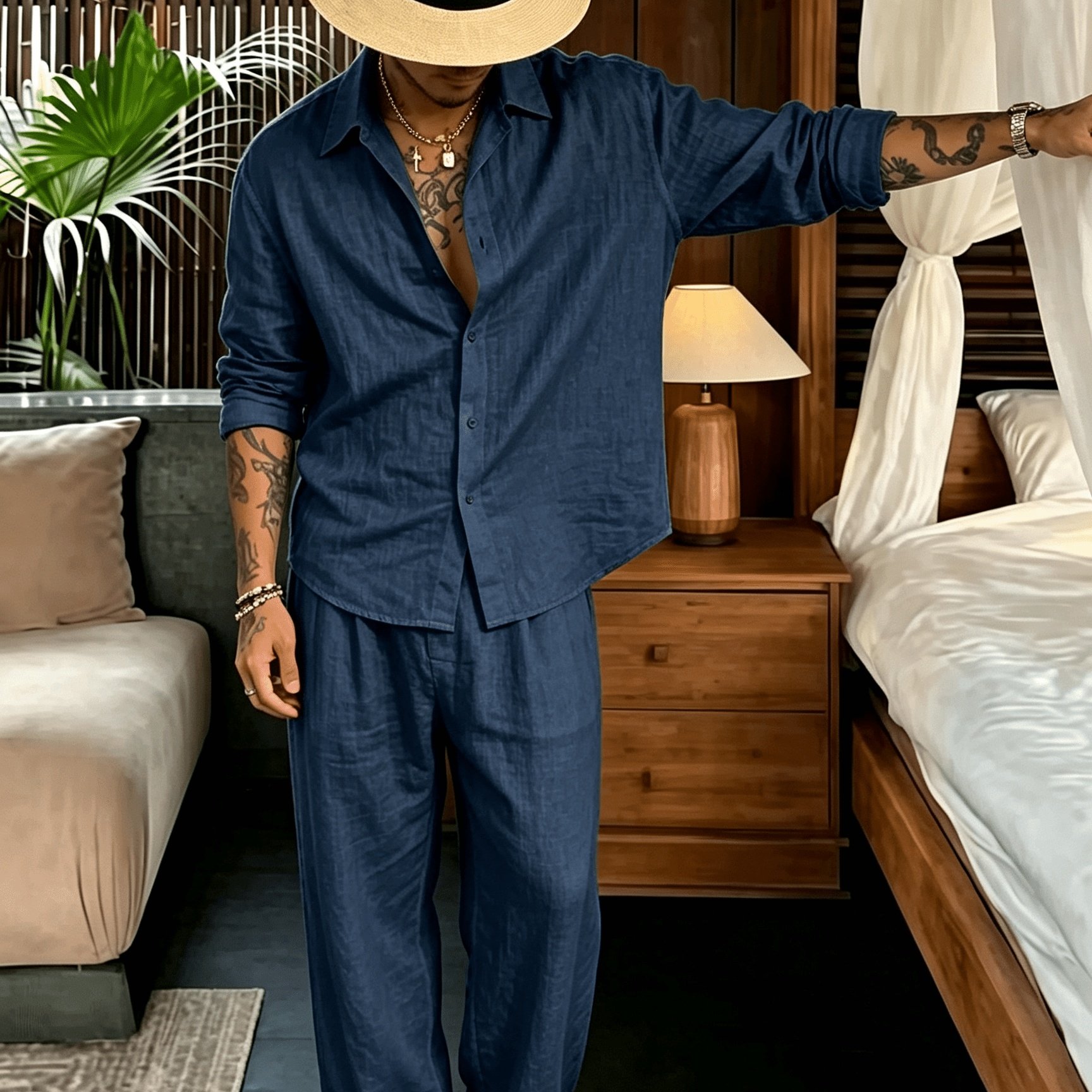 TEMU Men's New Suit, Washed Wrinkle Linen 2pcs Set, Long Sleeve Shirt And Straight Long Pants, Lightweight Breathable Linen Suit, Loose Lazy Style,