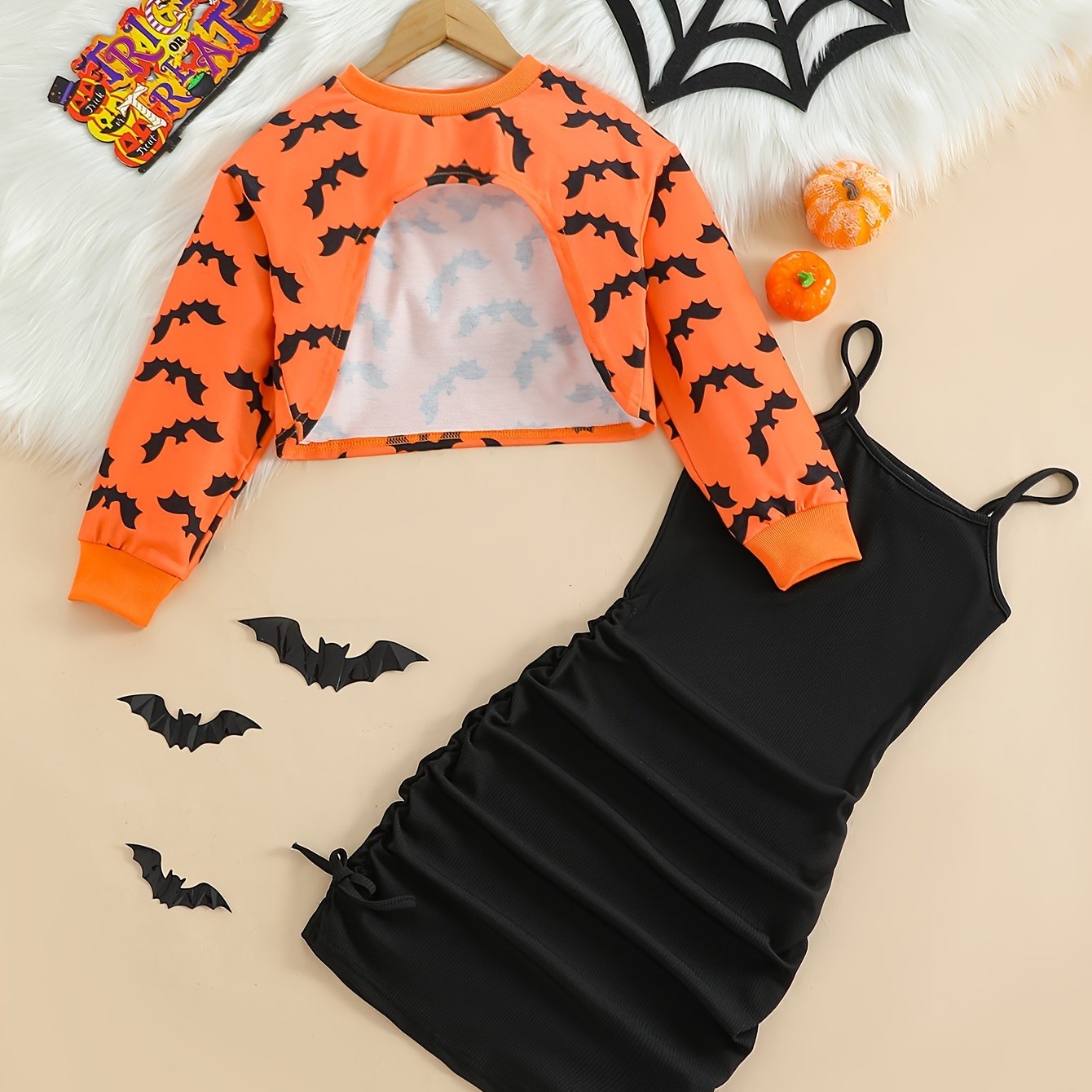 Image of Girls' Halloween 2pcs Set: Short Bat Print Sweatshirt & Stretchy Ribbed Slim Cami Dress, Perfect For Outdoor
