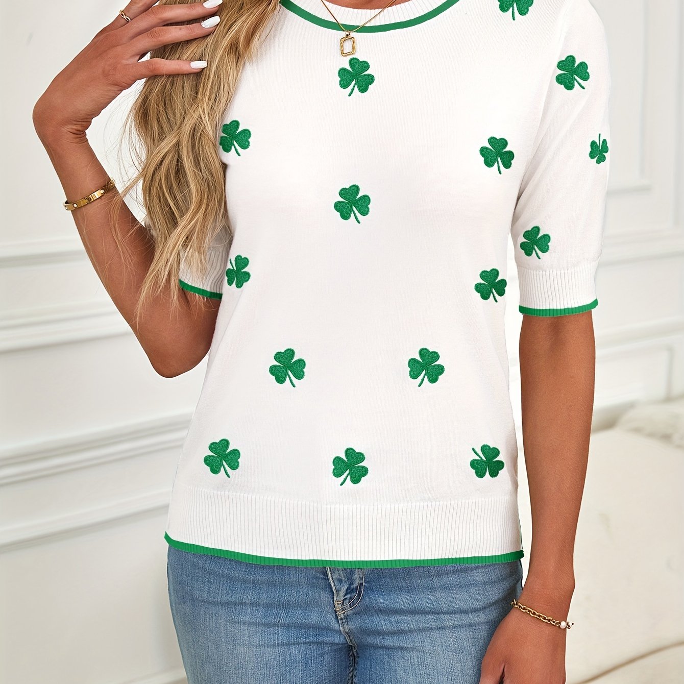 Elegant + Elegant High Elastic Soft Round Neck Clover Top