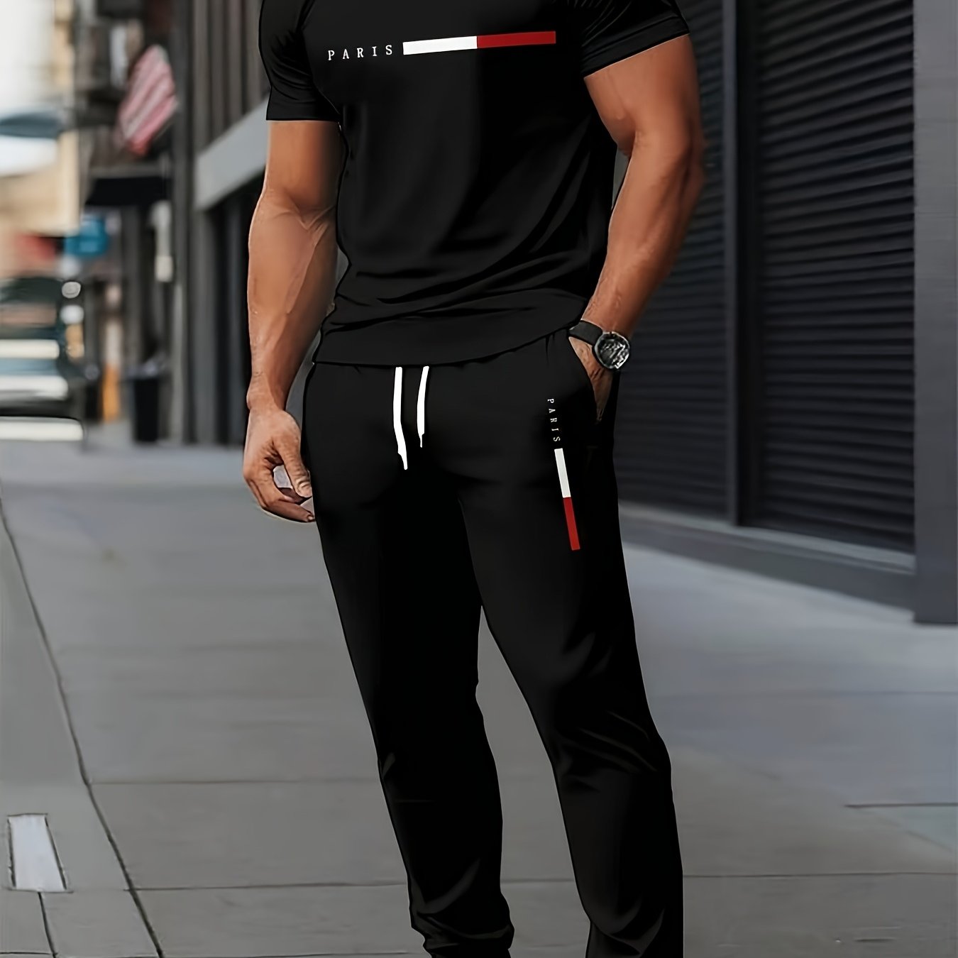 E-shop Herren Sportswear-Set mit Kurzarm Langen Hosen | Elegantes Casual Crew Neck | Leicht dehnbares Strickmaterial mit 3D-Druck | Regular Fit