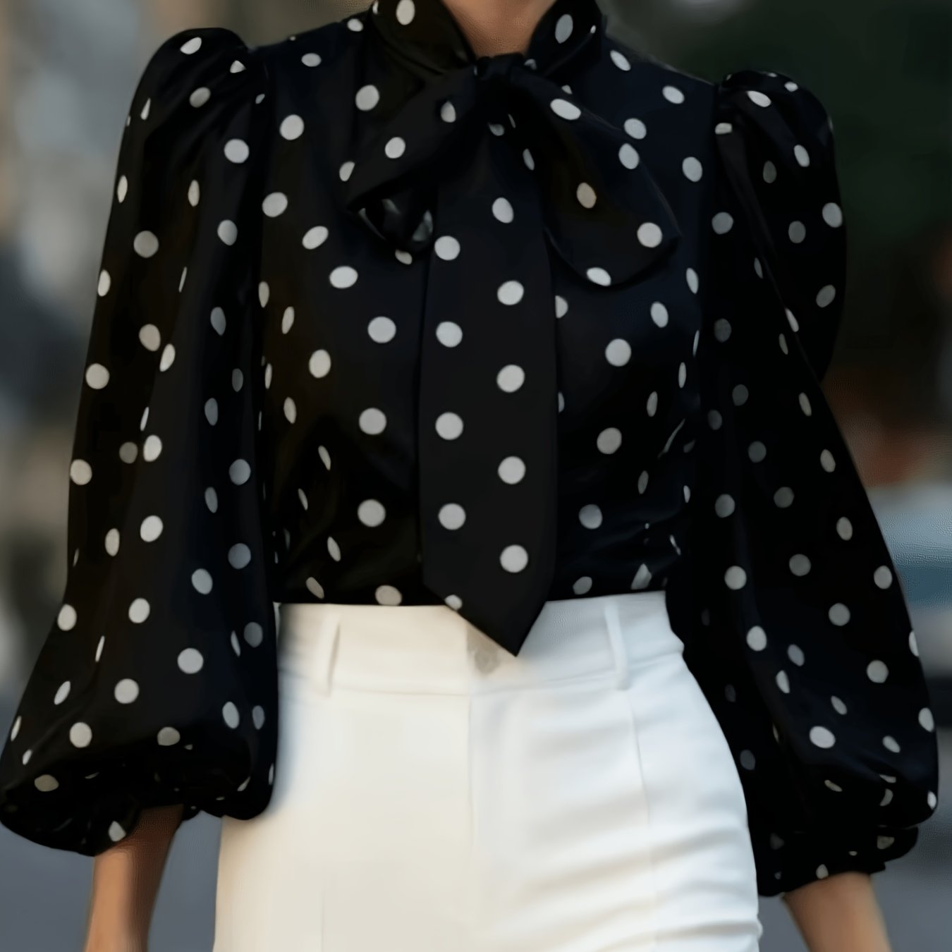 TEMU Vintage Polka Dot Bow Spring/summer Women's Top, Elegant Temperament Commuter Puff Sleeve Blouse
