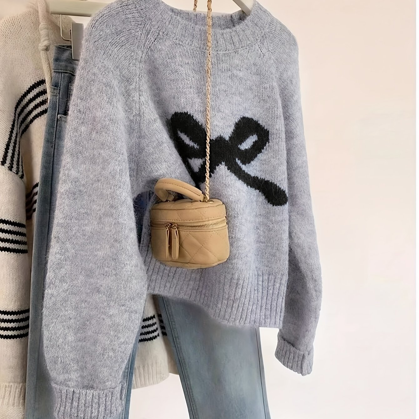 TEMU Elegant Women's Spring Style Cute Beautiful Bow Ribbed Round Neck Long Sleeve Versatile Daily Wear Sweater Pullover