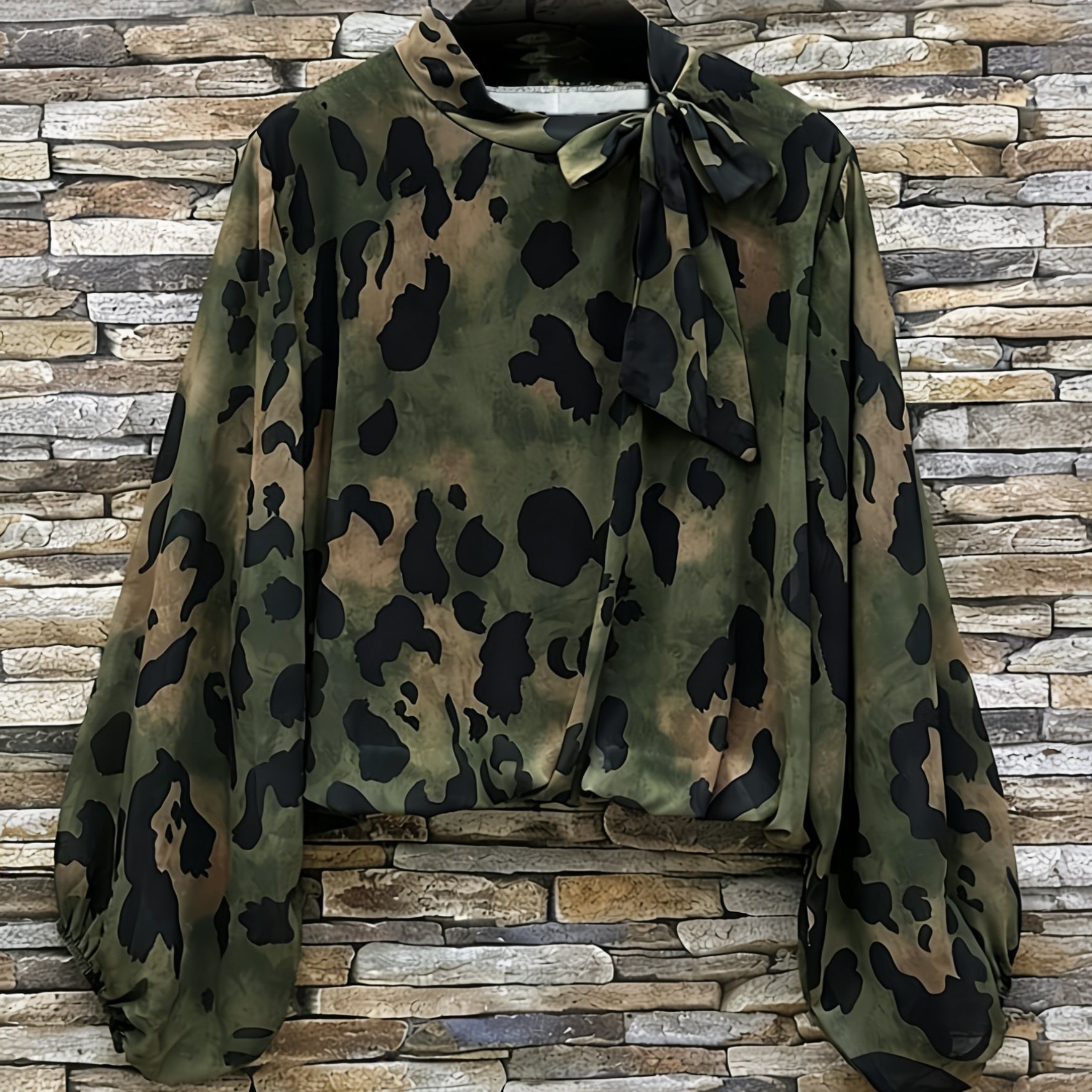 Image of Women's Casual Camouflage Print Bow Shirt, Spring/autumn Women's Top