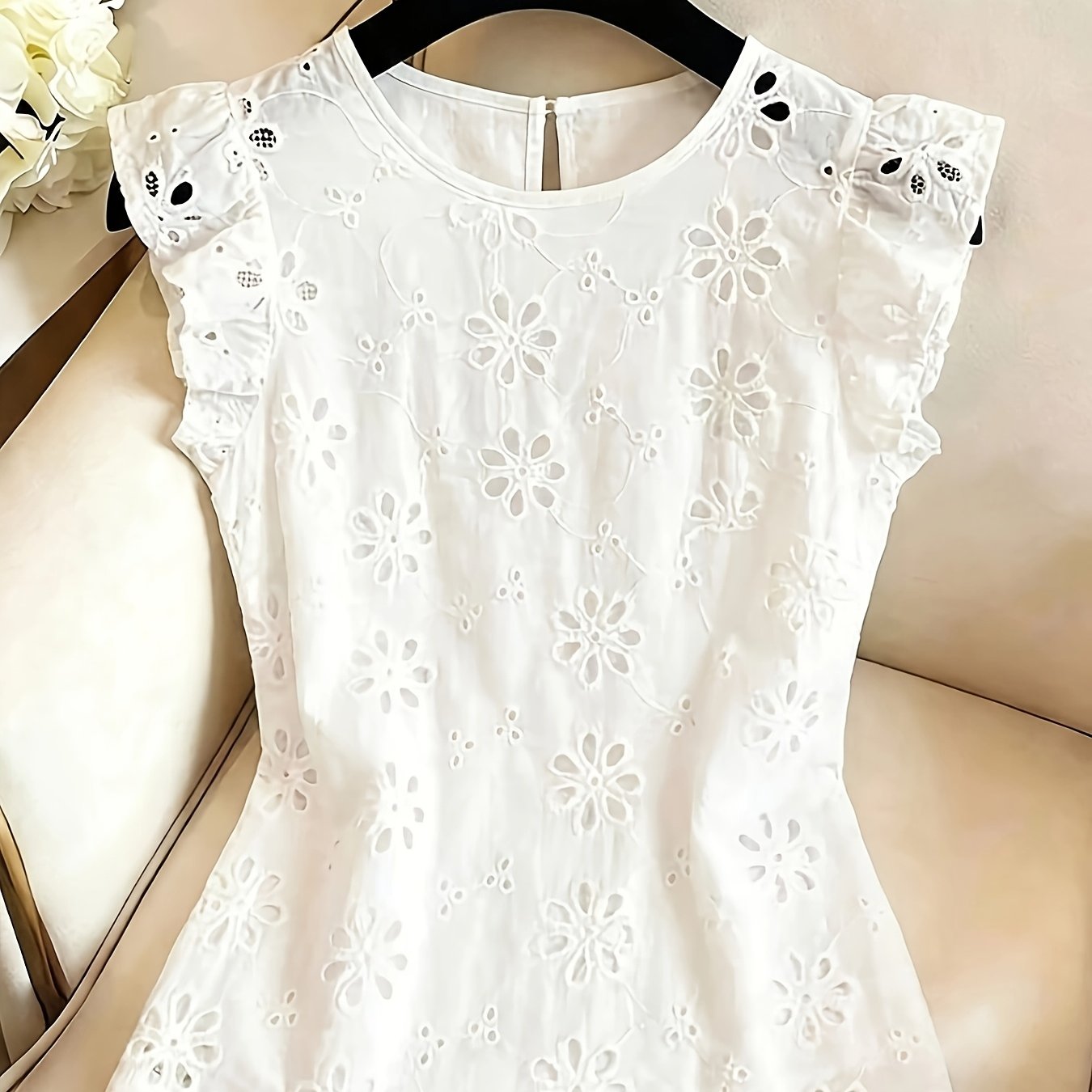 TEMU Lace Embroidered Shirt, Round Neck Short Sleeve Top