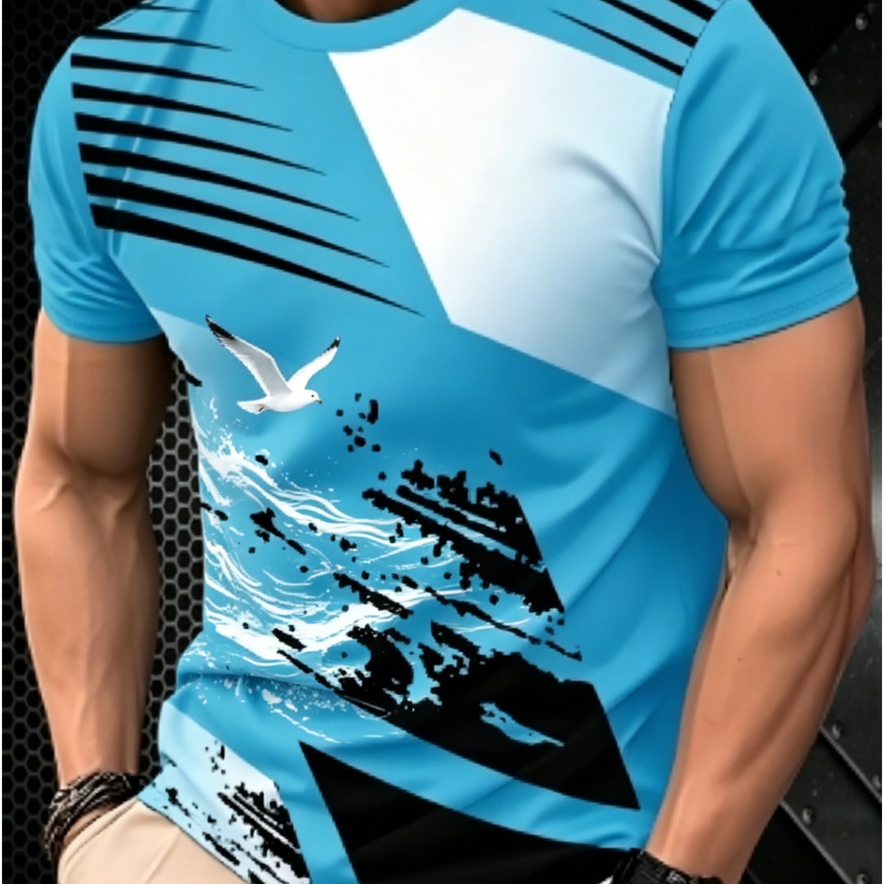 TEMU Men's T-shirt With Blue Wave And , Accented With Black And White Graffiti. A Summer Short-sleeve Is Comfortable, Breathable, And Loose-fitting.