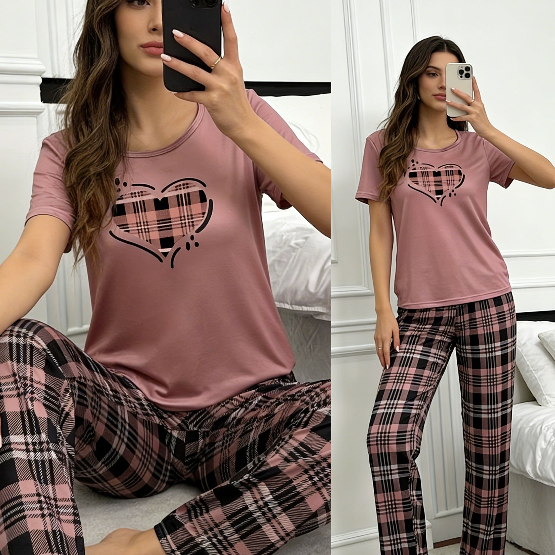 E-shop 1 Set Herzmuster Kurzarm Karomuster Freizeit Pyjama Set, Damen Stoff Hauskleidungsset, Ganzjahreskleidung