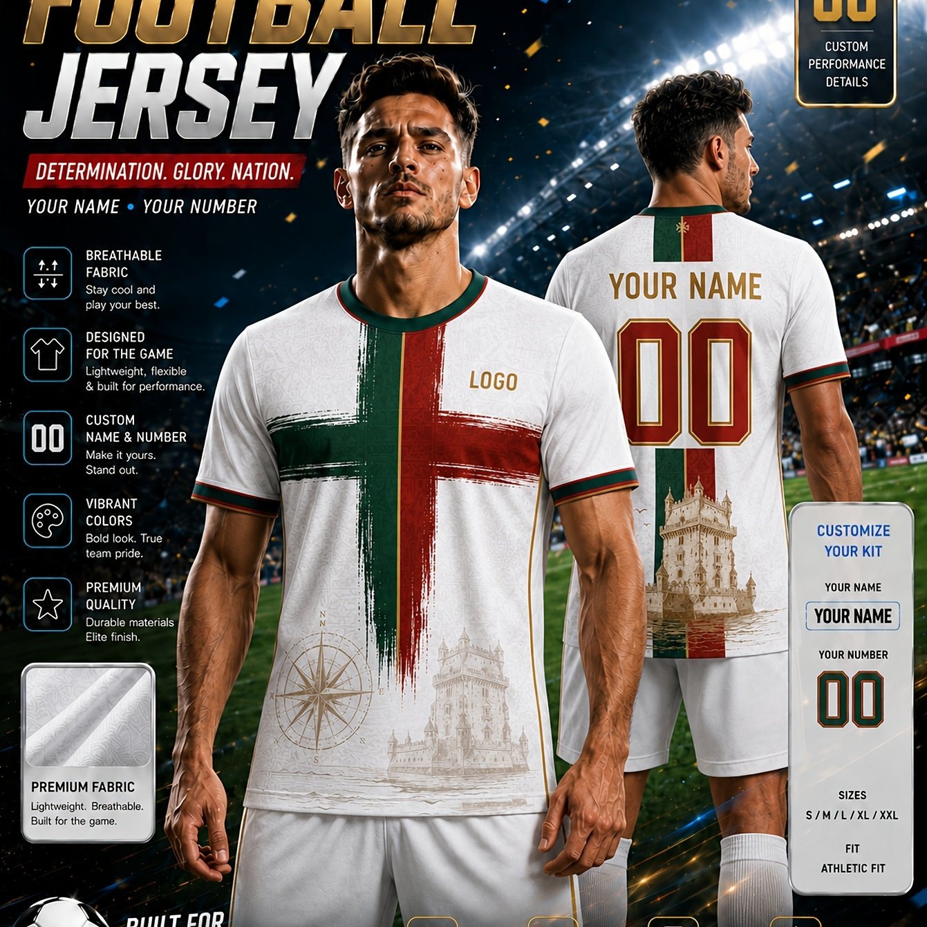 TEMU Maillot de nationale de style national portugais avec coups de pinceau et nautiques, T-shirt de sport de d'équipe personnalisé, respirant et à