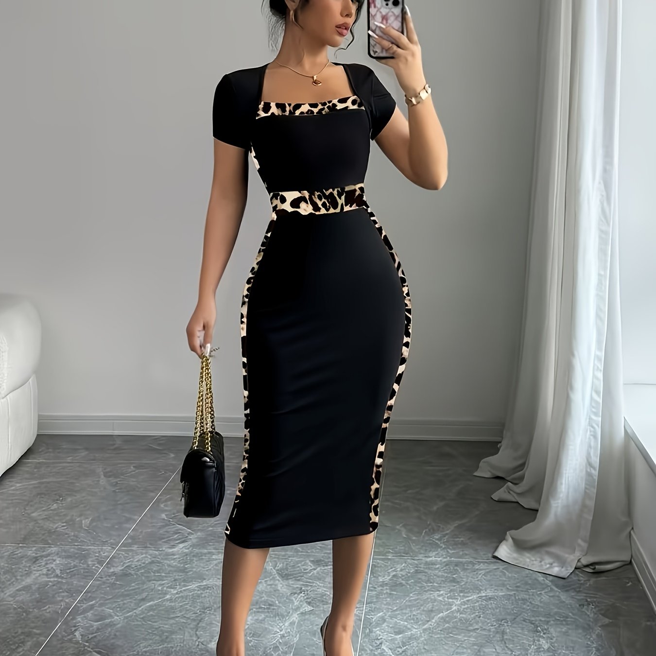 E-shop Marineblaues Kleid mit Leopardenmuster, kontrastierendem, eckigen Ausschnitt, hoher Bund und kurzen Ärmeln, elegantes Sommer-Midi-Kleid