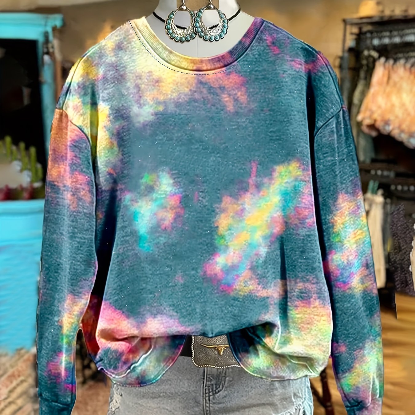 TEMU Chic Tie-dye Gradient Crew Neck Sweatshirt For Women - Casual & Comfy, Long Sleeve, Loose Fit Pullover