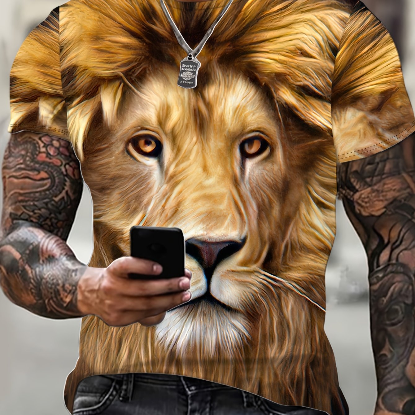 TEMU T-shirt imprimé lion 3D pour homme - T-shirt graphique complet et courageux, col rond décontracté à manches courtes, noir à rayures blanches,