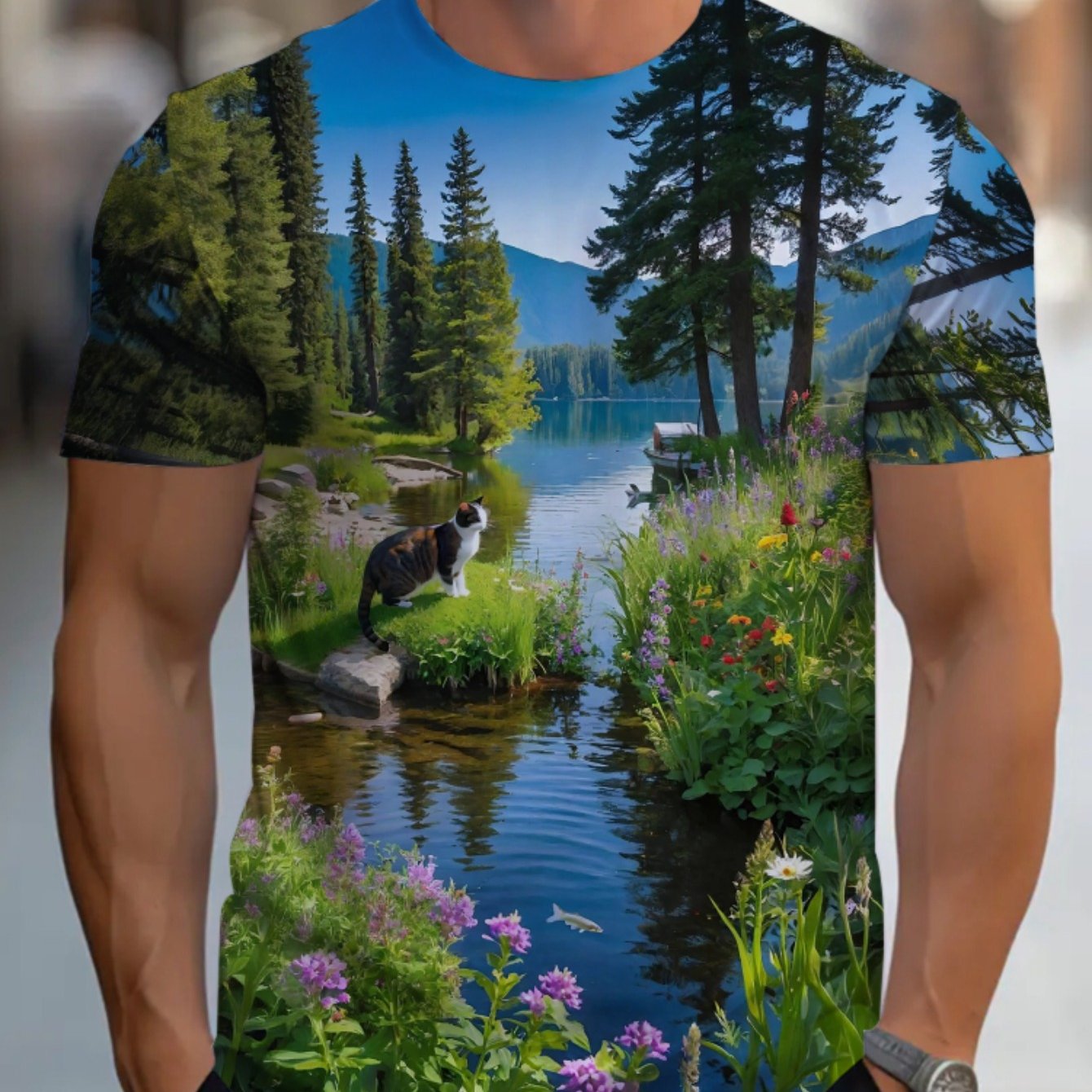 TEMU Men's Outdoor T-shirt Print - Lightweight Breathable Summer Shirt Suitable For Hiking, Camping & Casual Wear - Scenic Landscape Round Neck Tee,