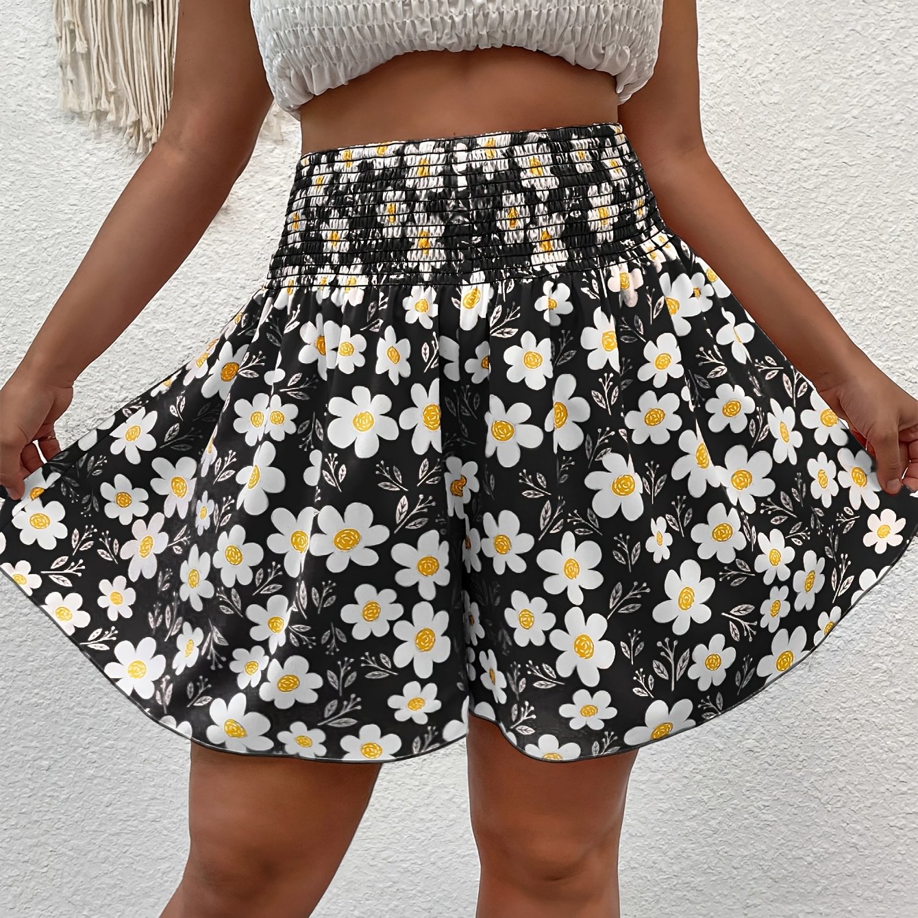 TEMU Plus Size Women's Bohemian Style Printed Wide Leg Shorts, Summer Casual Shorts