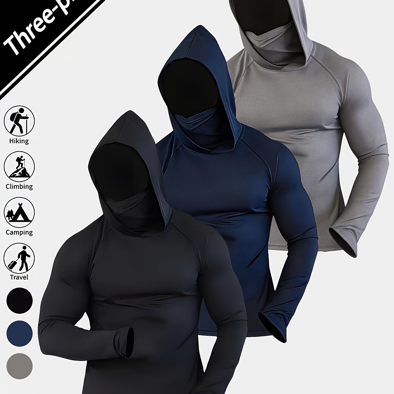 TEMU 3pcs Men's Hoodie Set, Includes Face Mask. Men's Quick-drying Hooded Long-sleeved Sports Shirt, Stretch Compression Sportswear. Suitable For